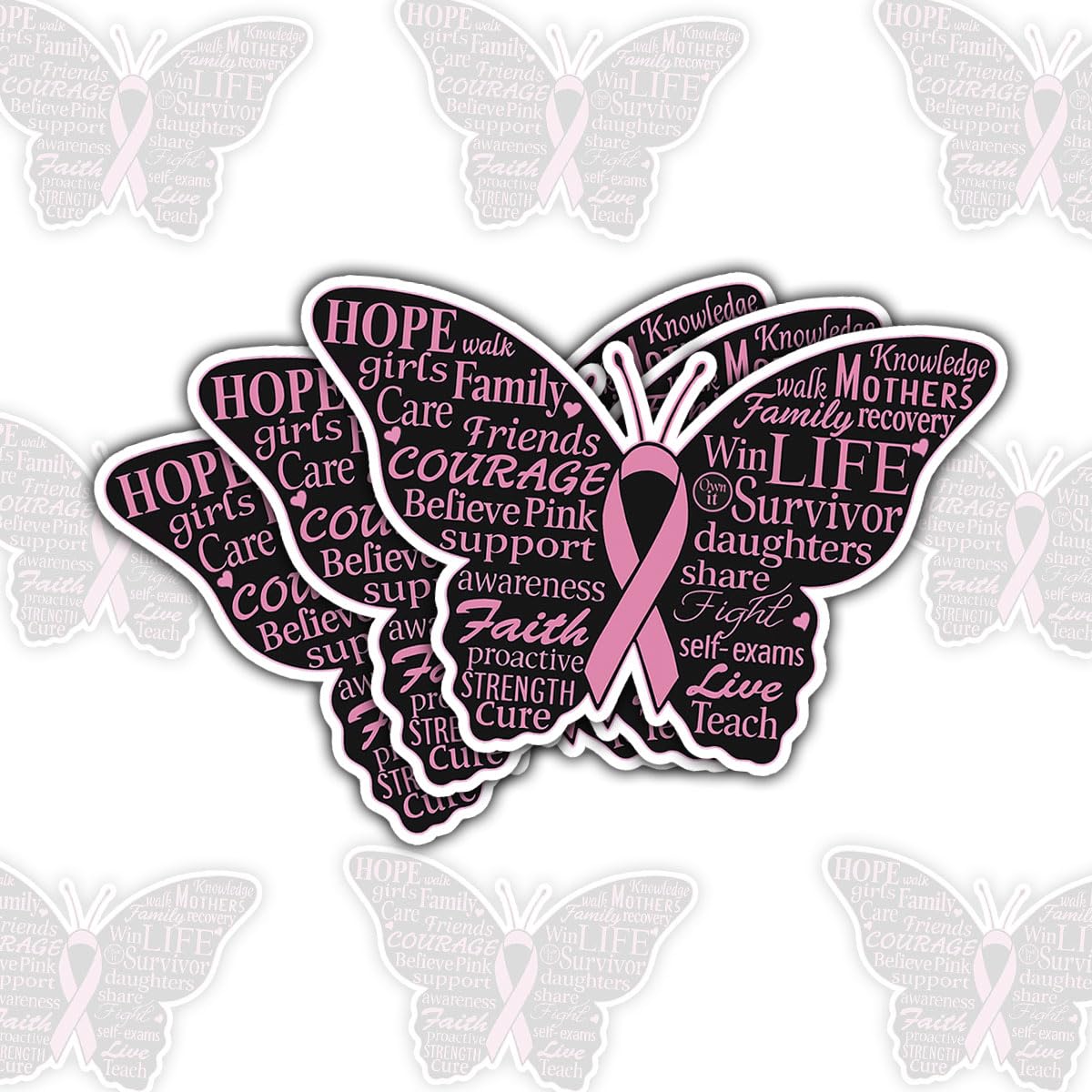 Photo 1 of (3pcs-3in) Butterfly Breast Cancer Stickers – Inspirational Pink Ribbon Vinyl Decals Featuring Hope, Strength & Wings for Laptop, Water Bottle, Journal – Gifts for Survivors, Fighters, Women BC16