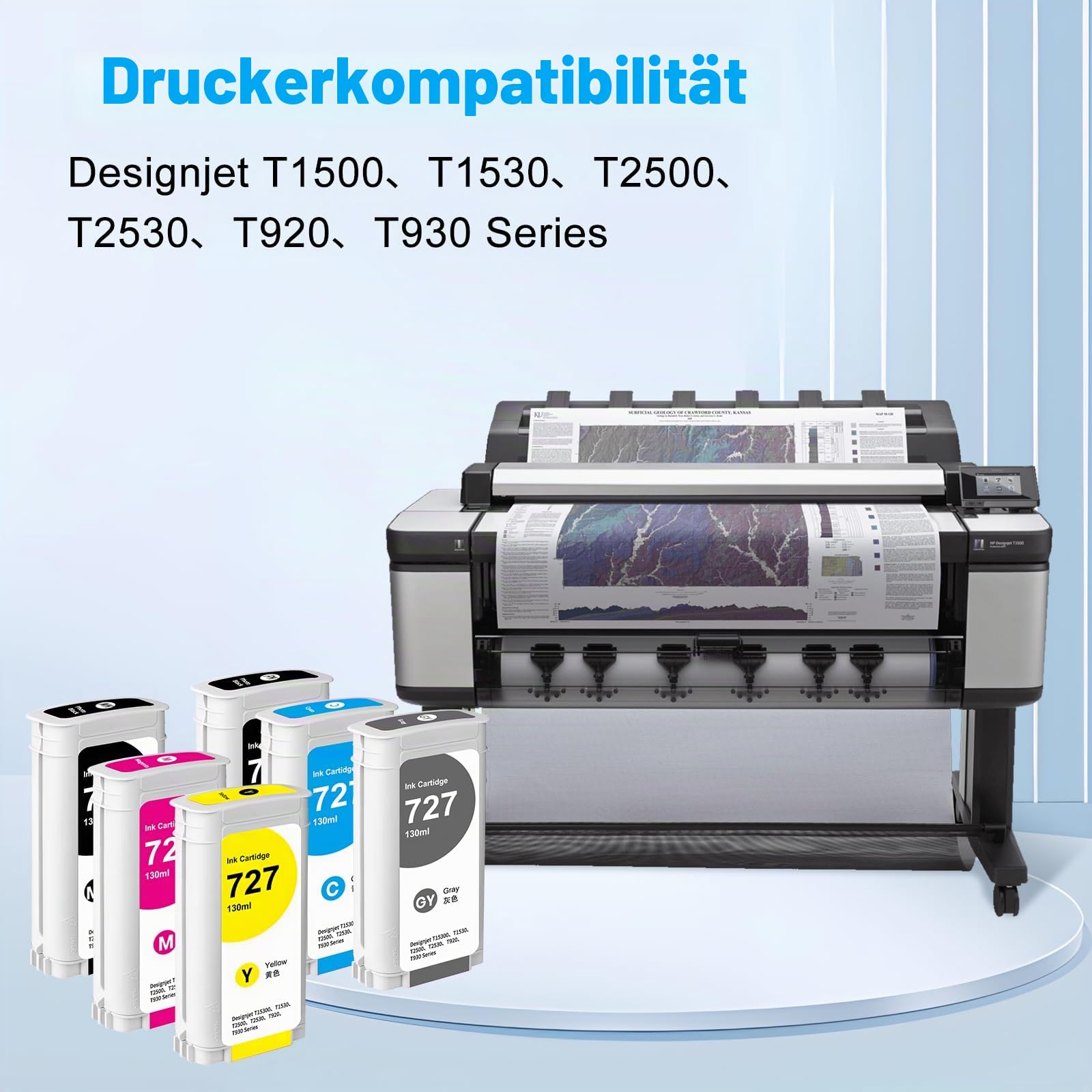 727 Druckerpatrone Remplacement für HP Tintenpatrone 727 B3P20A B3P22A B3P21A B3P23A B3P24A kompatibel für HP DesignJet T1530 T2500 T920 T930 T1500 (Schwarz, Fotoschwarz, Cyan, Magenta, Gelb, Grau)