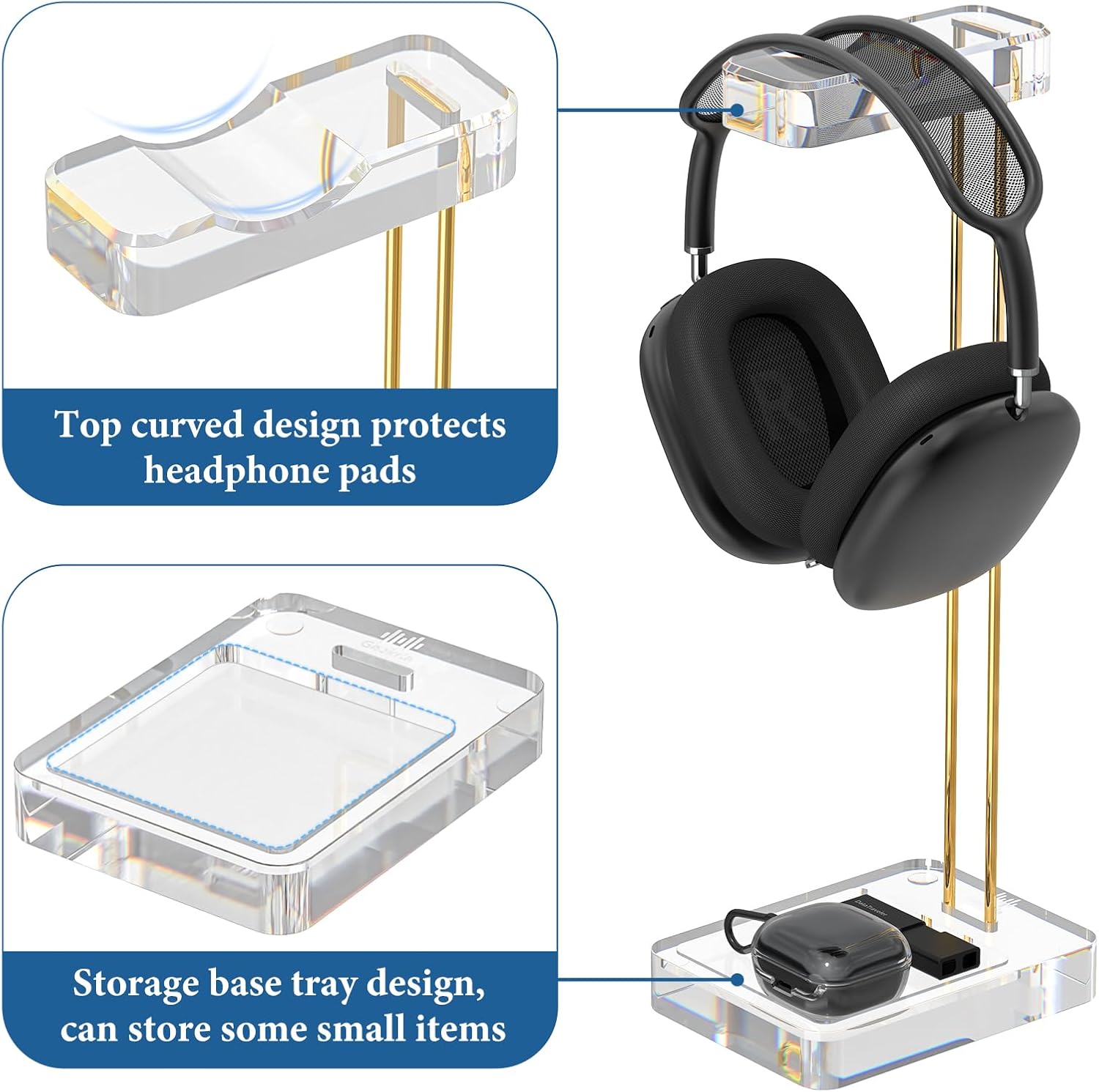 GEEKRIA Headphone Stand for Desk, Clear Acrylic Headset Stand with Gold Metal Accent, Gaming Headphone Holder, Universal Desktop Display Stand for Over-Ear Headphones