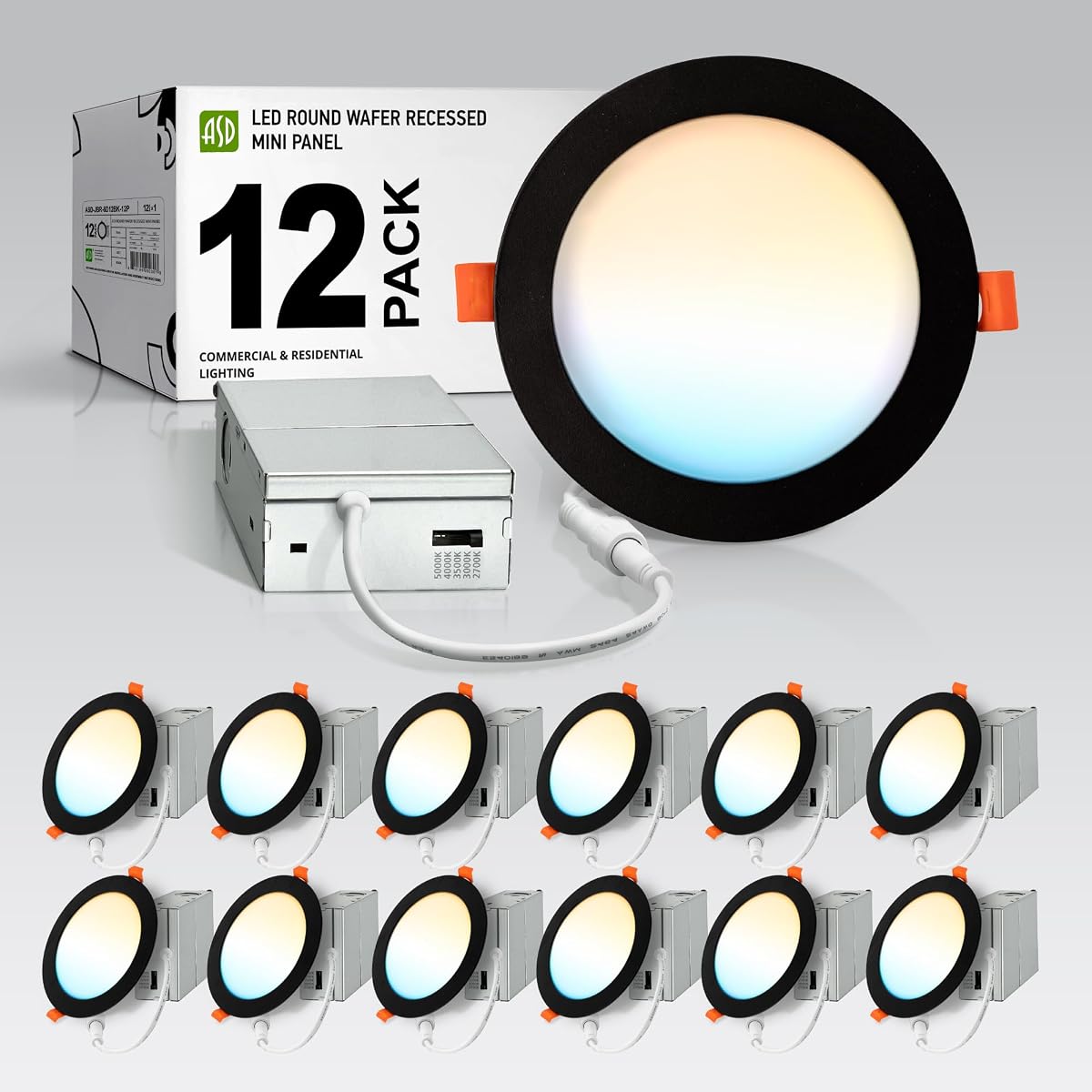 ASD 12 Pack LED Recessed Lighting 6 Inch 12W 5 CCT 2700K-5000K CRI90+ IC Rated