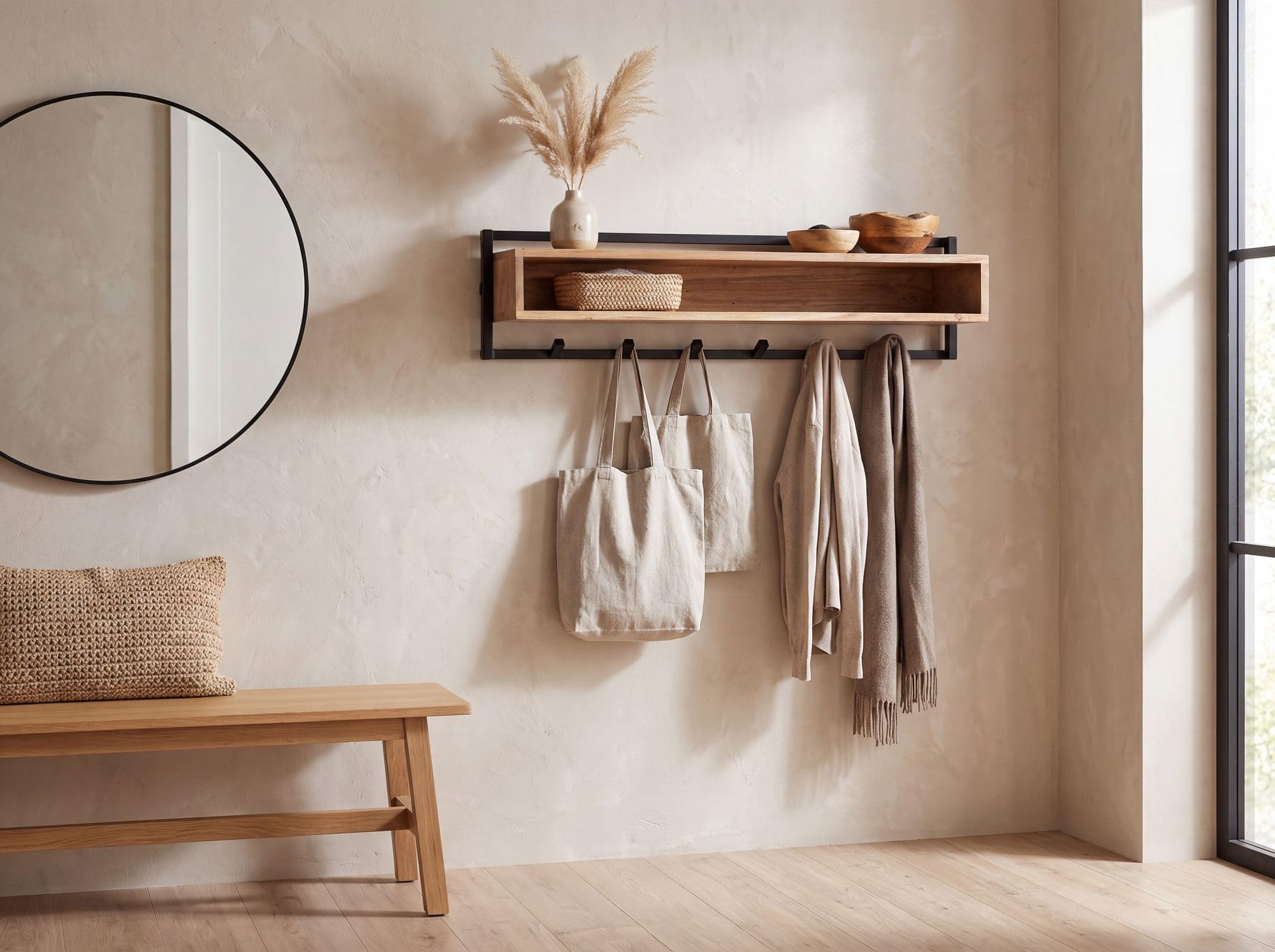 FineBuy Wandgarderobe 90 x 30 x 20 cm Akazie Massivholz, 6 Haken Handmade