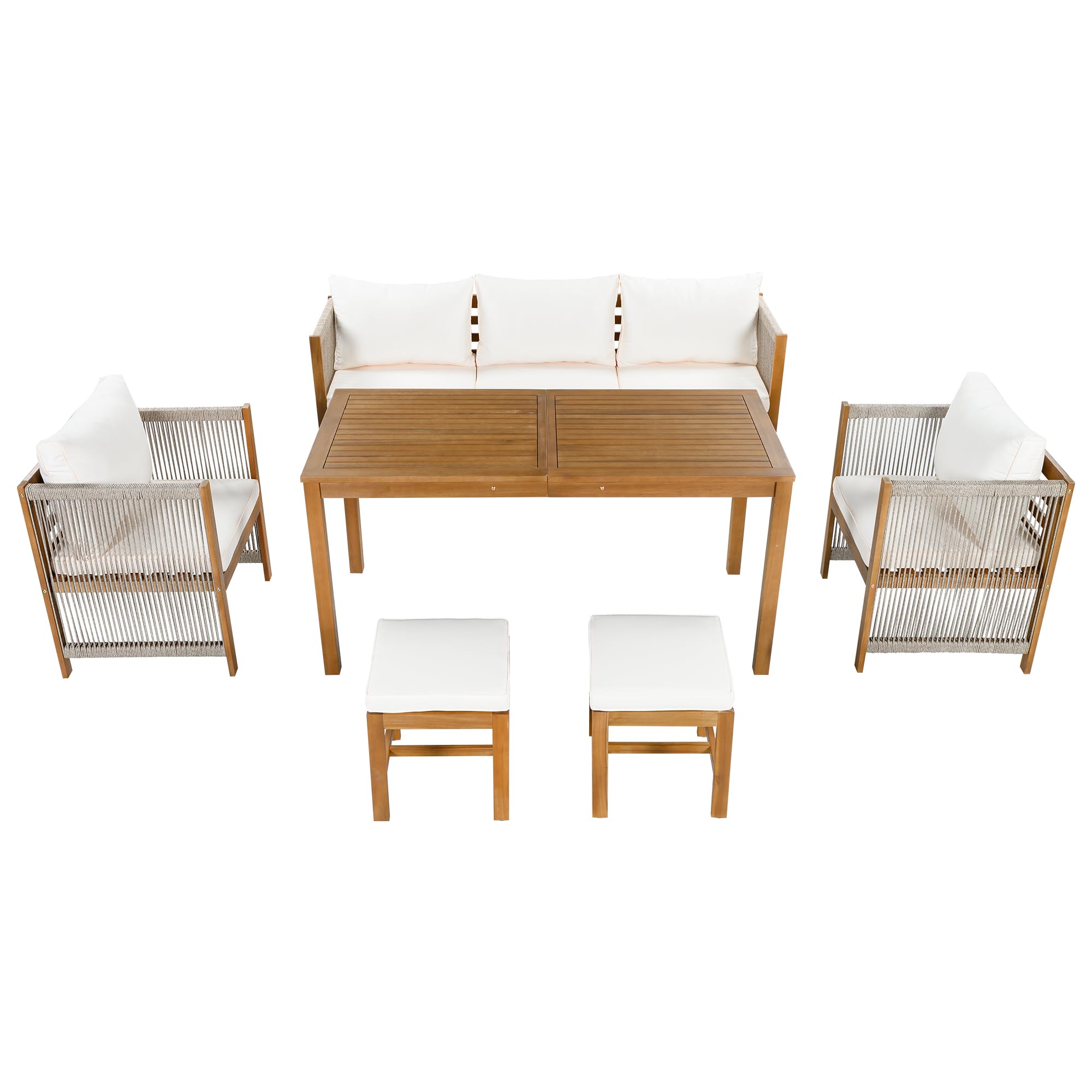 Set di 6 sedie da giardino, set di mobili da giardino, 3 divani, 2 divani, 2 sgabelli, tavolo da pranzo, tavolo in acacia (beige)