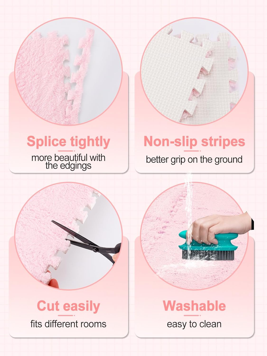 ANPHSIN 12 pcs Thickened Foam Interlocking Floor Mats, Fluffy Plush Mats for Baby with Edgings, Soft Anti-Slip Puzzle Area Rug Playmat, Square Tiles Room Flat (11.8 in, Pink)