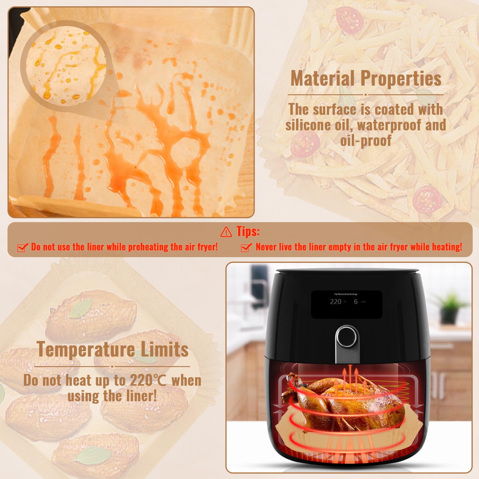 Beenna 100 Fogli Carta Forno Per Friggitrice Ad Aria - 20x24 Cm, Antiaderente, Adatto Per Cestelli 4,5-7L - Compatibile Con COSORI, Philips, Ninja, Tefal