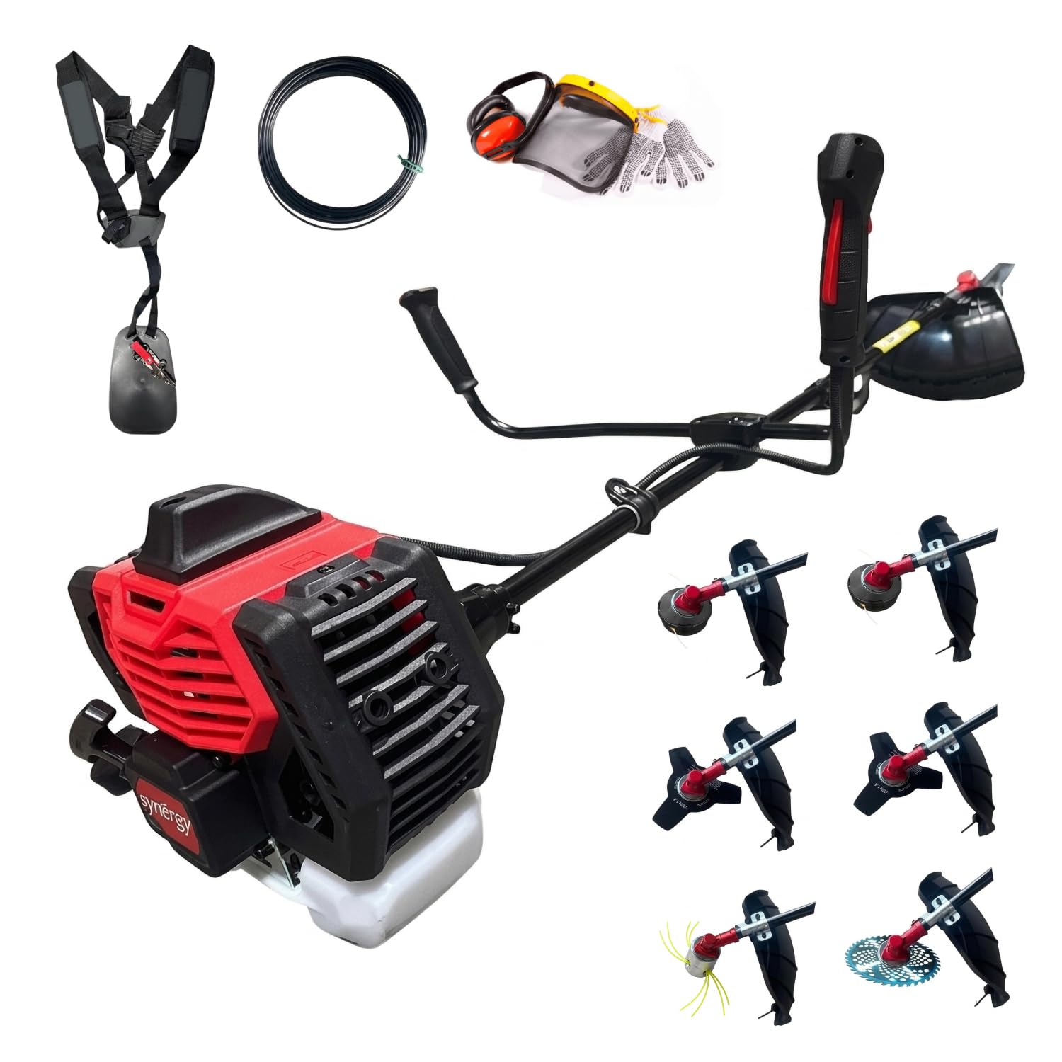 Synergy Desbrozadora Gasolina 65cc 4,9CV 6 en 1 – Motor 2 Tiempos – Disco 3 Puntas, Disco de Widia, Cabezal Metálico, Cabezales automáticos, Arnés y 10m Hilo