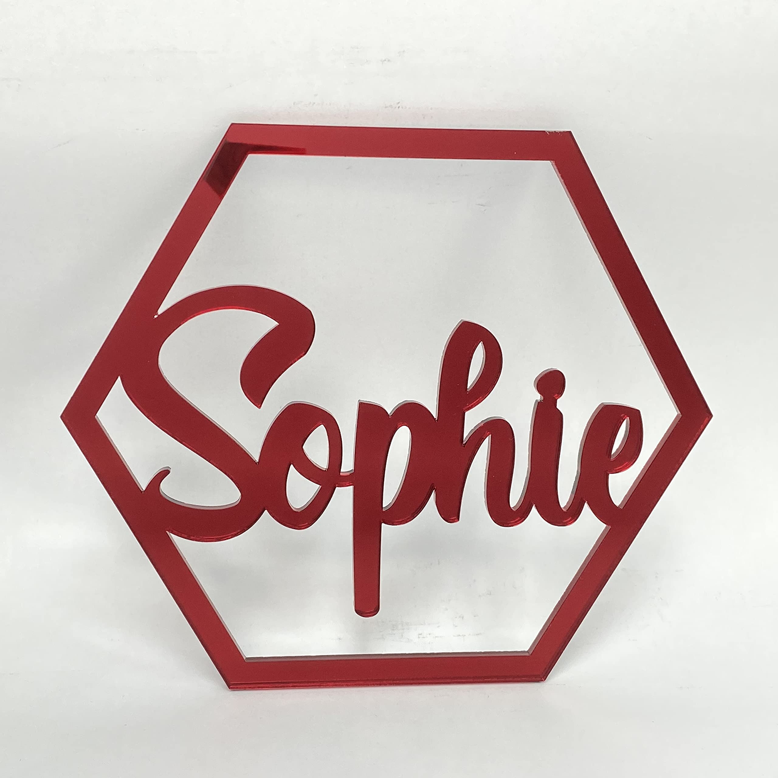 Personalised Any Name Text Wooden Colour Hoop Acrylic Mirror Floral Wedding Wreath Hanging Door Sign Wall Decoration Plaque Hexagon (Red Mirror, 60cm)