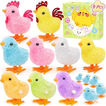 SevenQ Wind Up Toys for Kids Easter Basket Stuffers, 9Pcs Jumping Plush Chicks Small Fidget Toys for Easter Egg Hunt Treasure Box Classroom Prizes Party Favors Goodie Bags Fillers Gifts