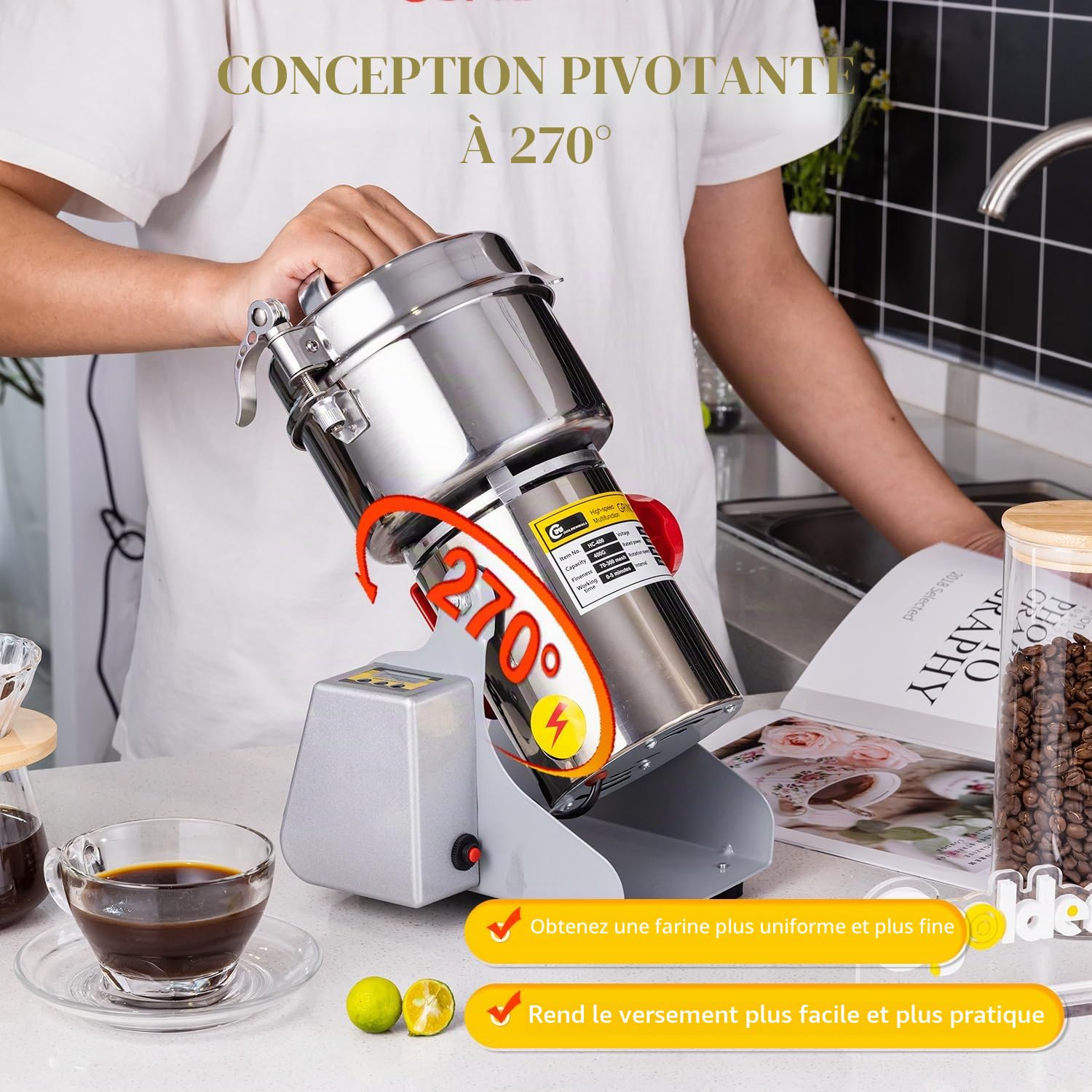 CGOLDENWALL LED Affichage Moulin à Épices Électrique 800g Broyeur à Sèches Grains Herbe Céréales Café, Haute Vitesse 28000RPM/ 2400W Moteur avec Minuterie, Contre Surcharges(Swing Type)