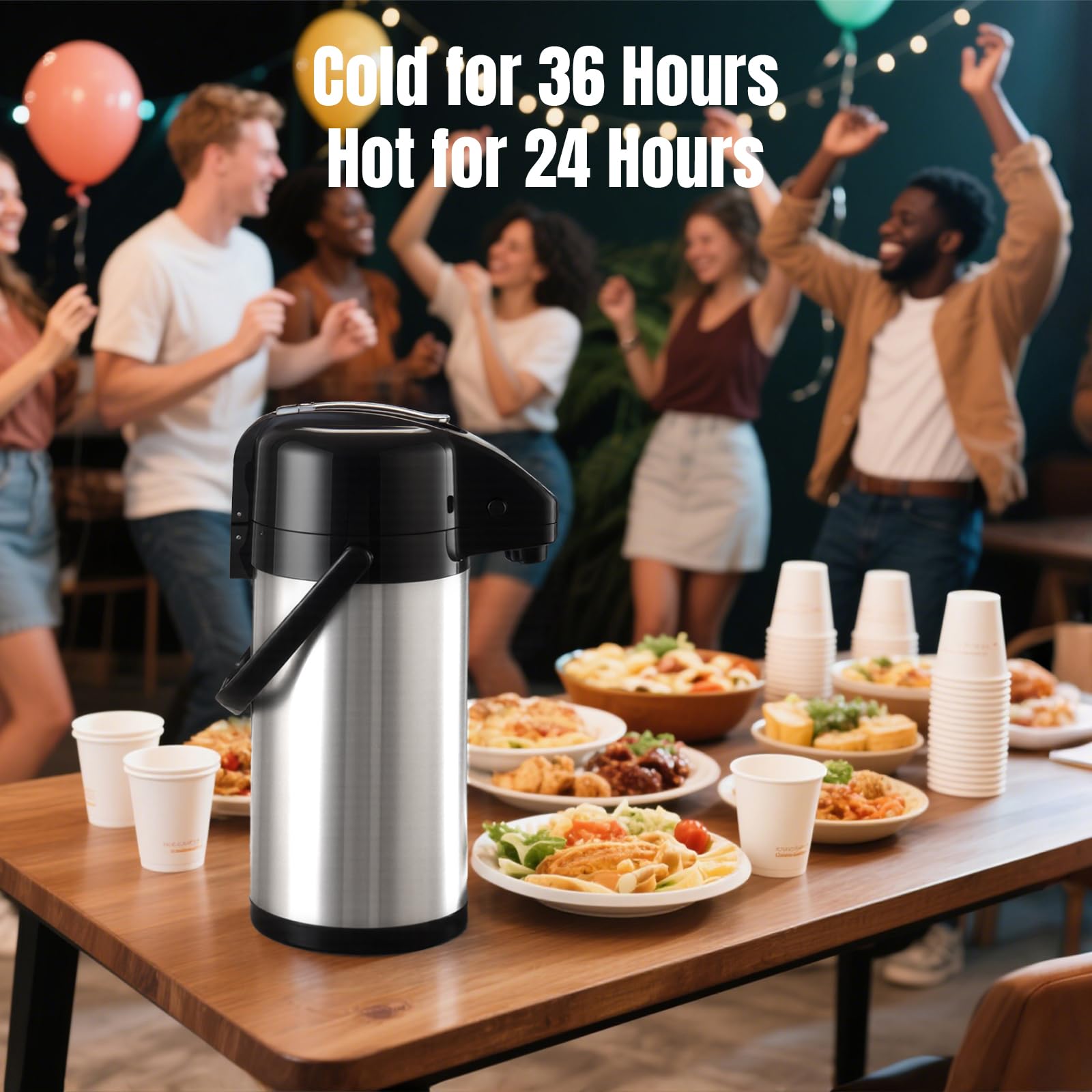 PARACITY Botella de agua de café Airpot mejorada con doble bomba de 84 onzas/2.5 L, dispensador de bebidas de acero inoxidable para bebidas calientes/frías, base Lazy Susan, termos para café para
