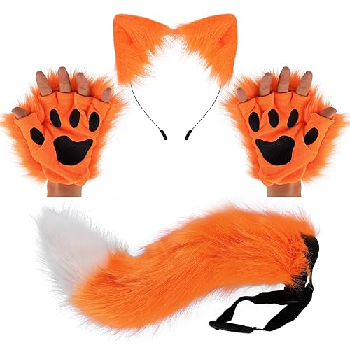 HAOAN Wolf Fox Tail Clip Ears and Gloves Set Halloween