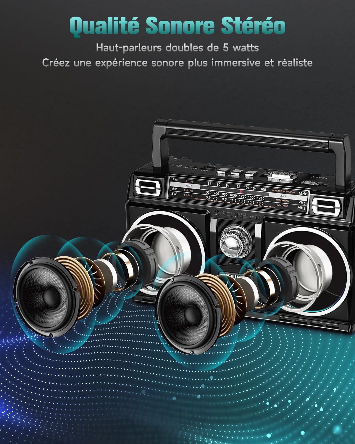 Poste Radio Portable, PRUNUS J-750 AM/FM Radio Portable Rechargeable avec Panneau Solaire, Excellente Réception, 1800mAh Transistor Radio Bluetooth, Support MP3/WAV/WMA