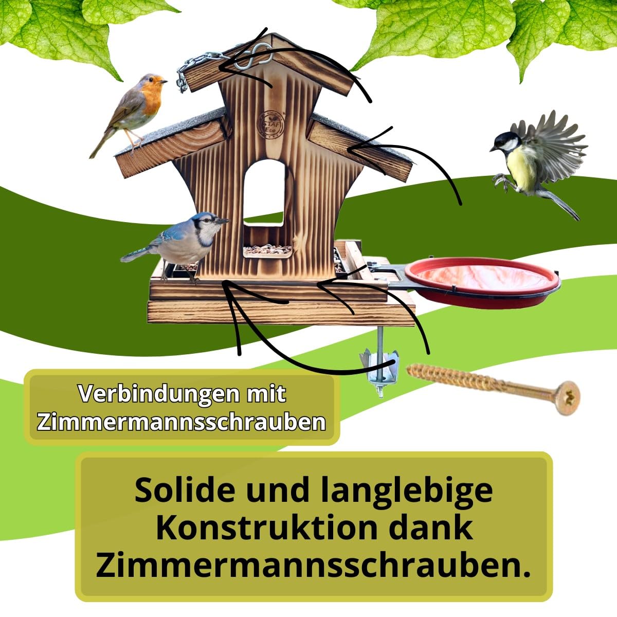Vogelhaus Balkon Vogelfutterhaus mit 2 x Balkonhalterung und wetterfestem Holz, Vogelhäuschen, Vogelfutterspender Deck Vogelfutter Spender für draußen, Vogeltränke (Vogelhaus2)