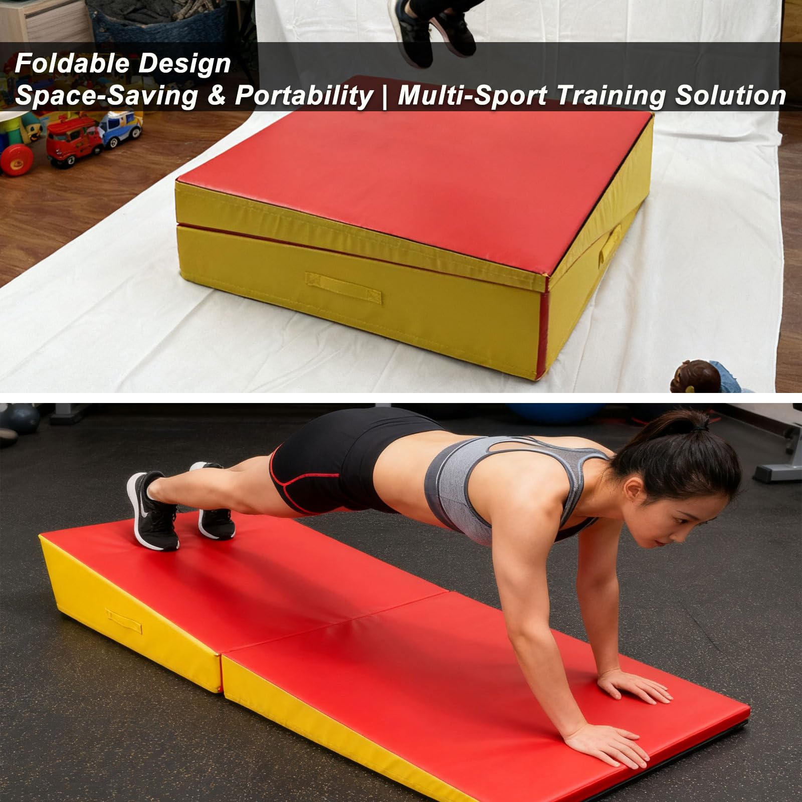 Tappetino da Ginnastica Inclinato Pieghevole, 187x57x40cm con Manico Trasporto e Superficie Antiscivolo, per Allenamento Casa, Palestra, Yoga, Aerobica F(Size:187*57*40cm/73*22*15in,Color:rosso/yellw)