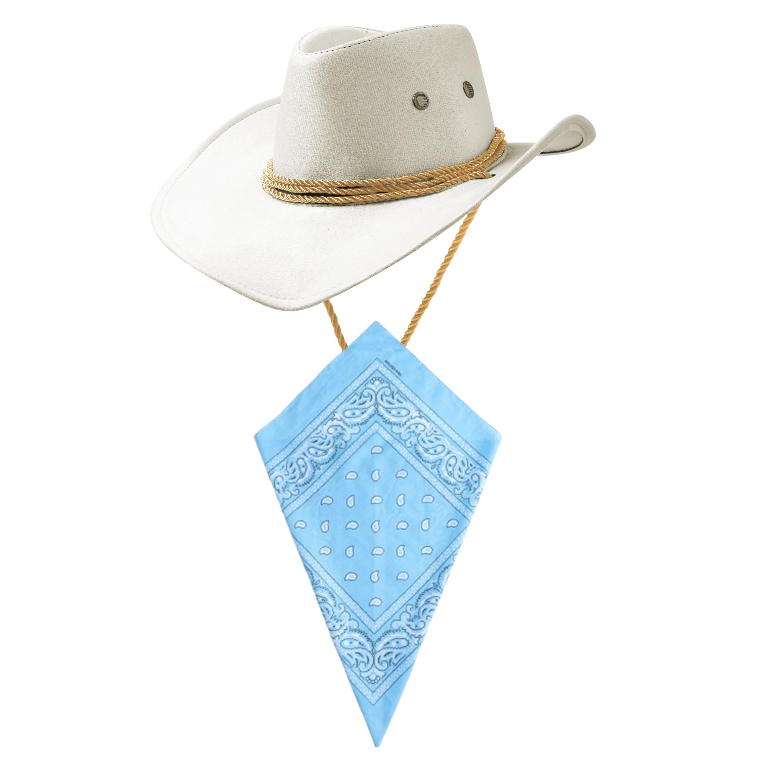 Komonee White Cowboy Hat and Sky Blue Bandana Western Sun Cap Faux Felt Leather Suede Fancy Dress Party Costume Outfit Neckscarf Protection Mens Womens โ image 1