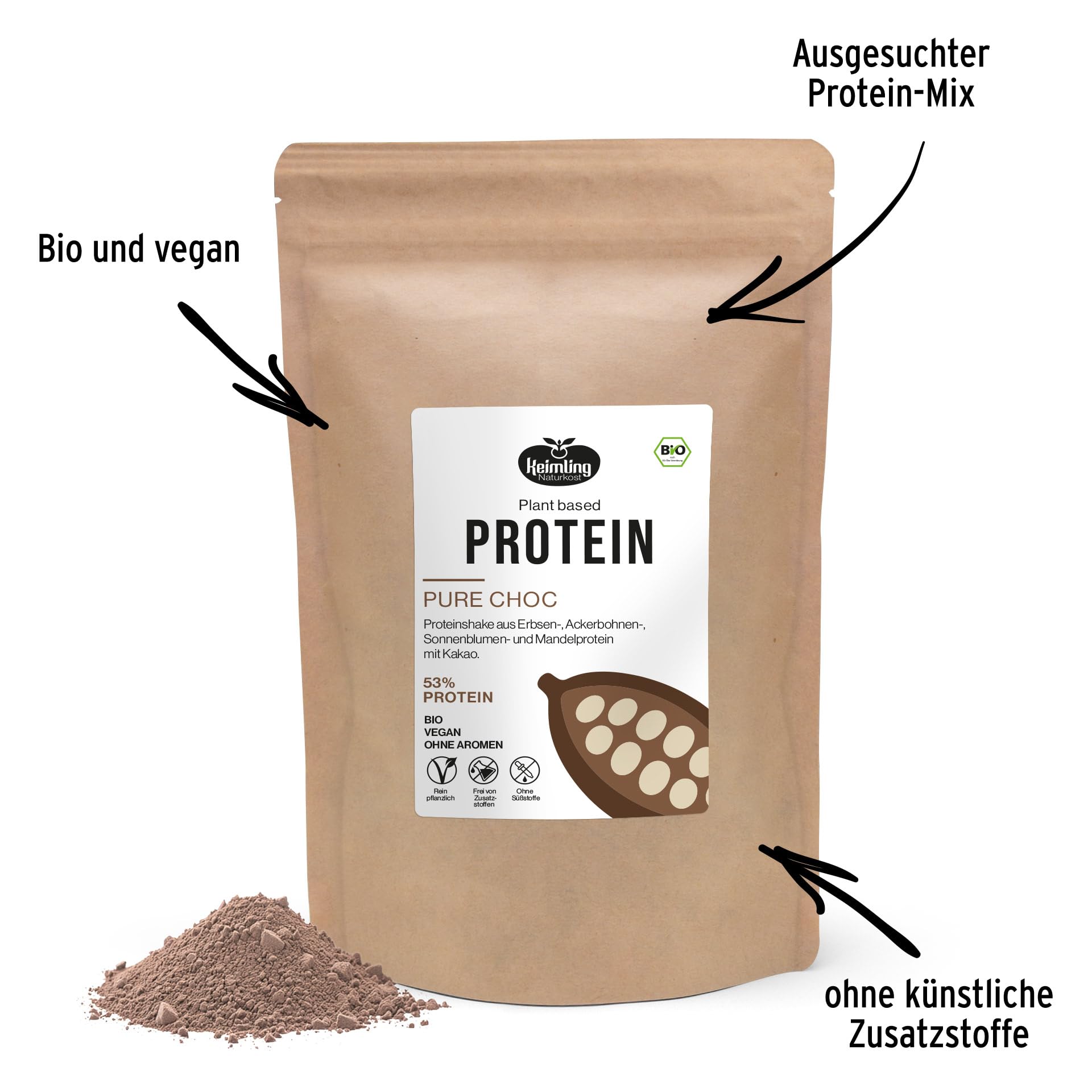 Keimling Bio Vegan Proteinshake Mix Bundle 2000 g – 4 vegane Proteinpulver Natural, Blueberry, Pink Pitaya & Pure Choc – pflanzliches Eiweiß in Bio-Qualität inkl. Glasshaker