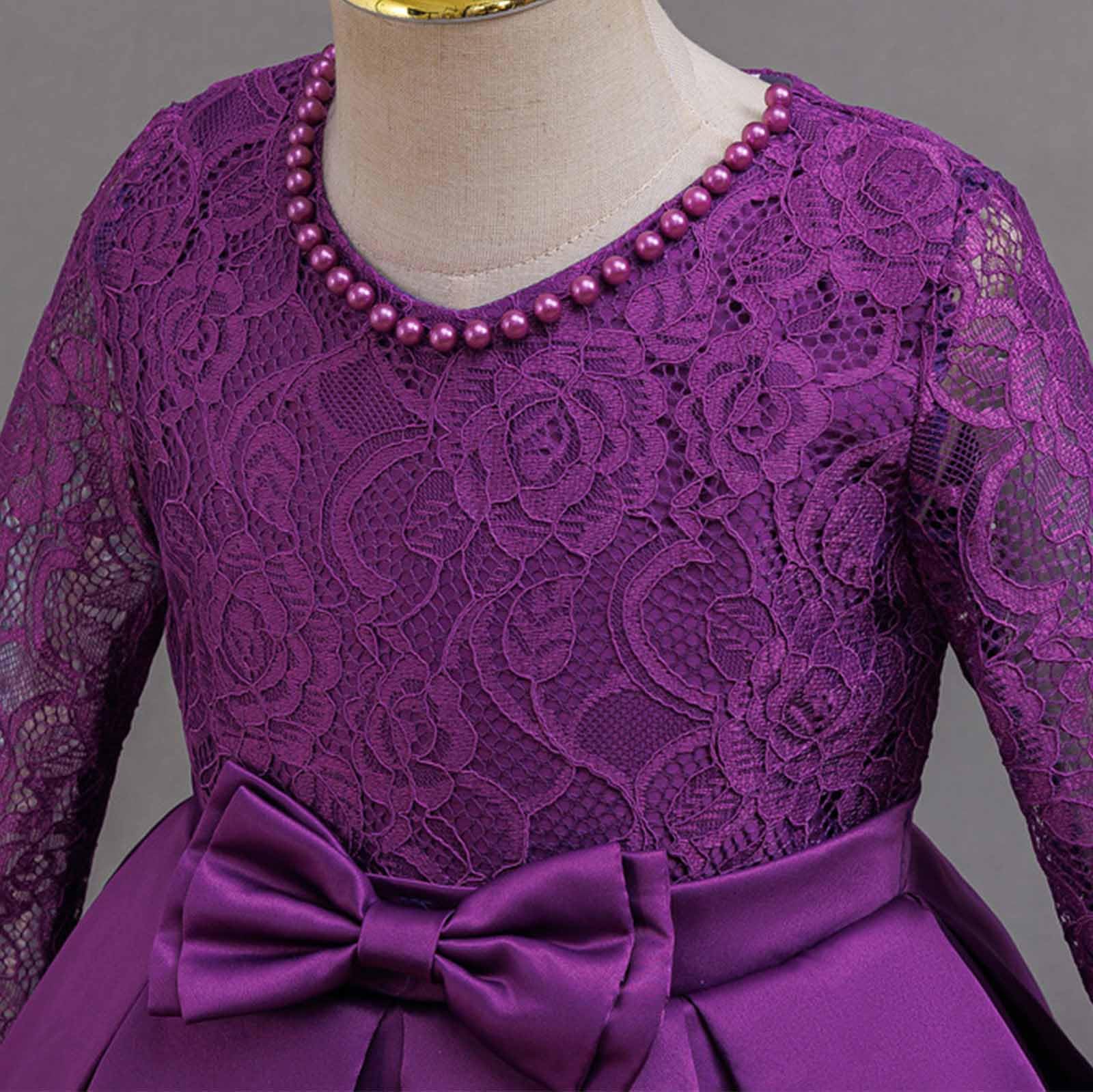 Generisch Elegante abito da festa da bambina con finiture in pizzo, maniche lunghe, top in raso con fiocco