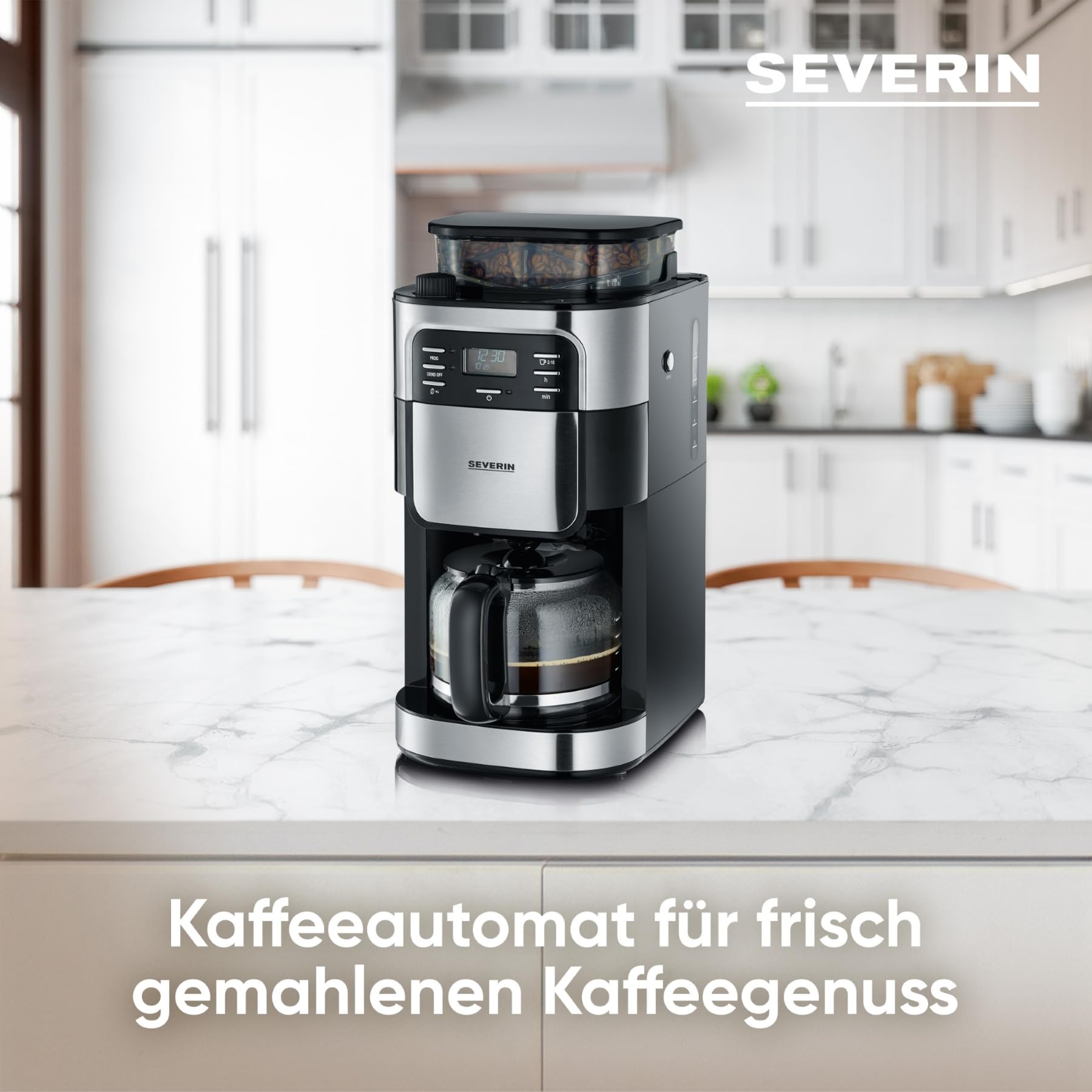 SEVERIN Kaffeemaschine mit Mahlwerk, Glaskanne, Timer, 1000 Watt, Edelstahl, Schwarz, KA 4810