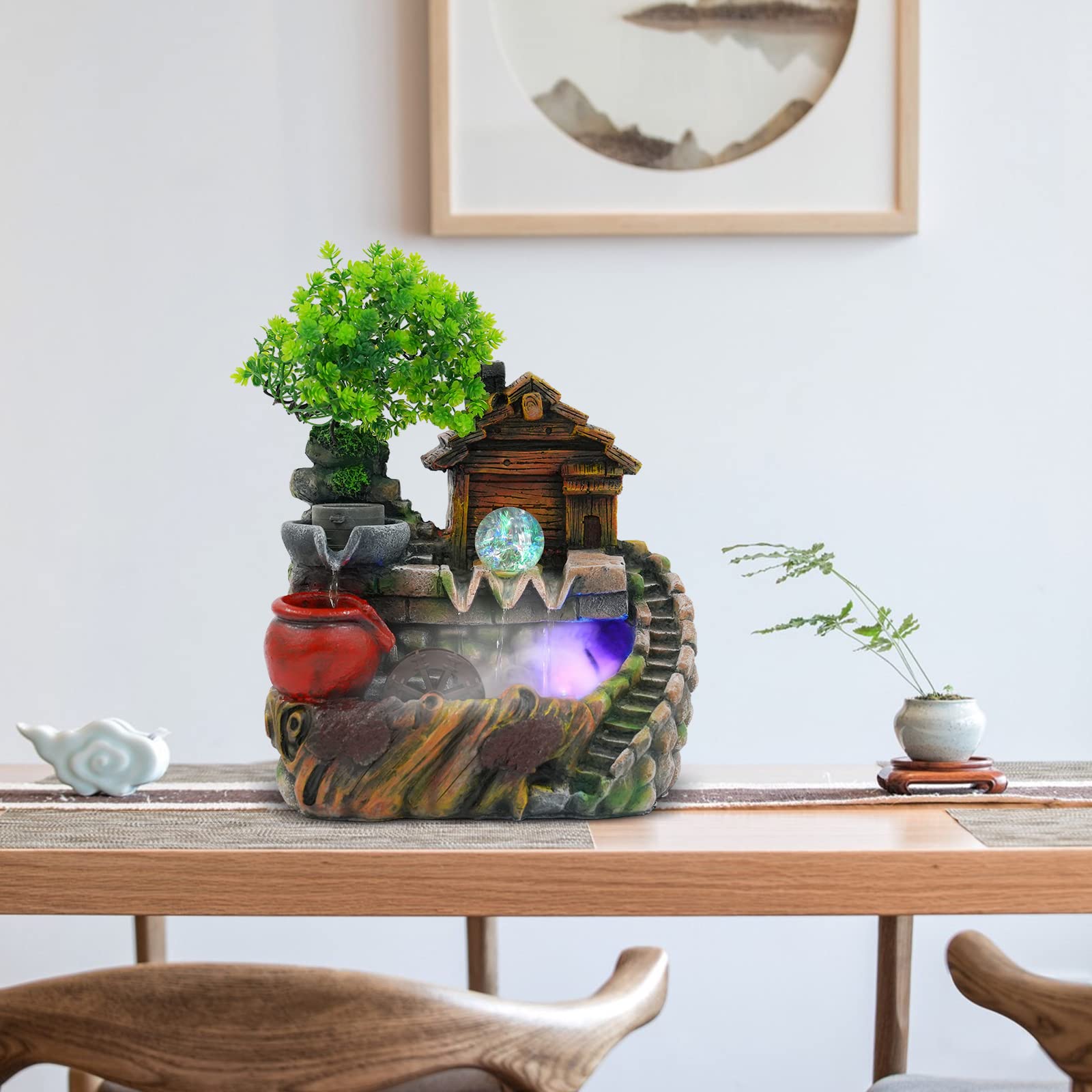 Fuente de interior con iluminación LED, fuente de mesa WOLEGM cascada con niebla y rueda de spinnrad, jardín, acuario, fuente de escritorio, fuente de interior 38 x 30 x 20 cm