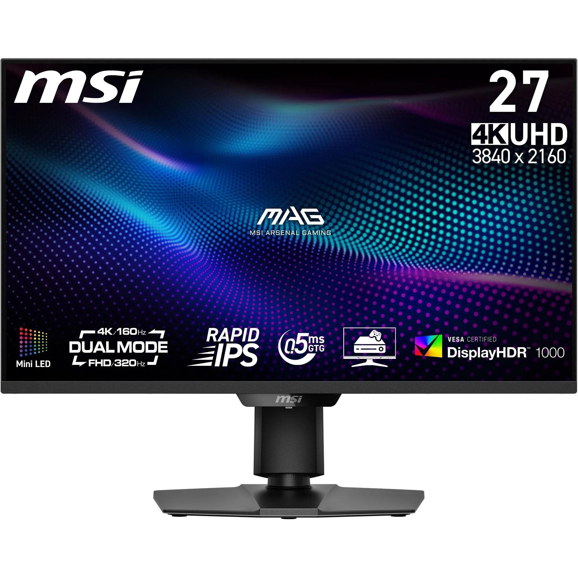 MSI MAG 274UPDF E16M Monitor Gaming 27" 4K UHD, pannello Rapid IPS 3840 x 2160, tempo di risposta 0,5 ms, DisplayHDR 1000, Mini-LED, Dual-Mode, HDMI 2.1, DP 1.4a, USB-C (15W PD)