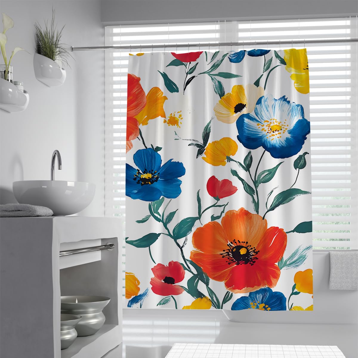 Rideau de douche séchage rapide fleur bleu orange imperméable grand format