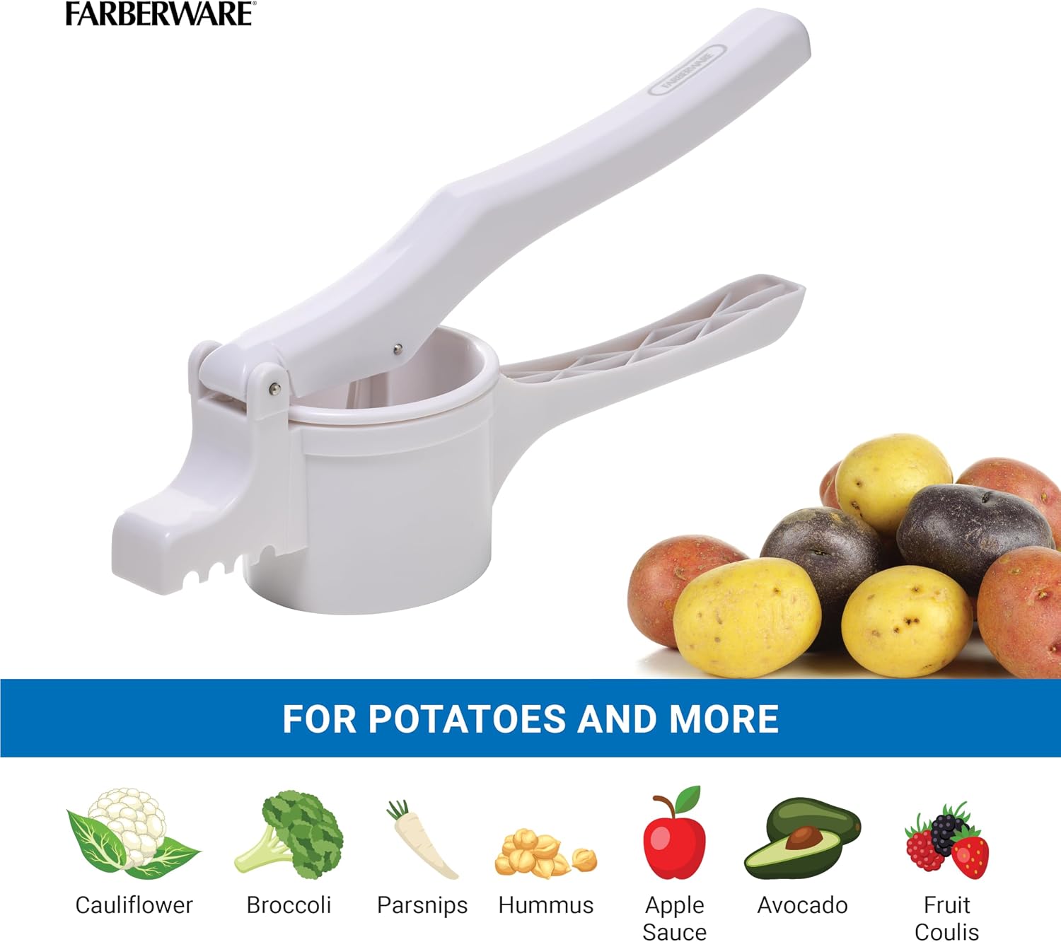 Farberware Professional Potato Ricer with 3 Stainless Steel Discs and Ergonomic Plastic Handle, White - Makes Fluffy Mashed Potatoes, Rices Vegetables and Fruits, Dishwasher Safe, 13.75 Inches