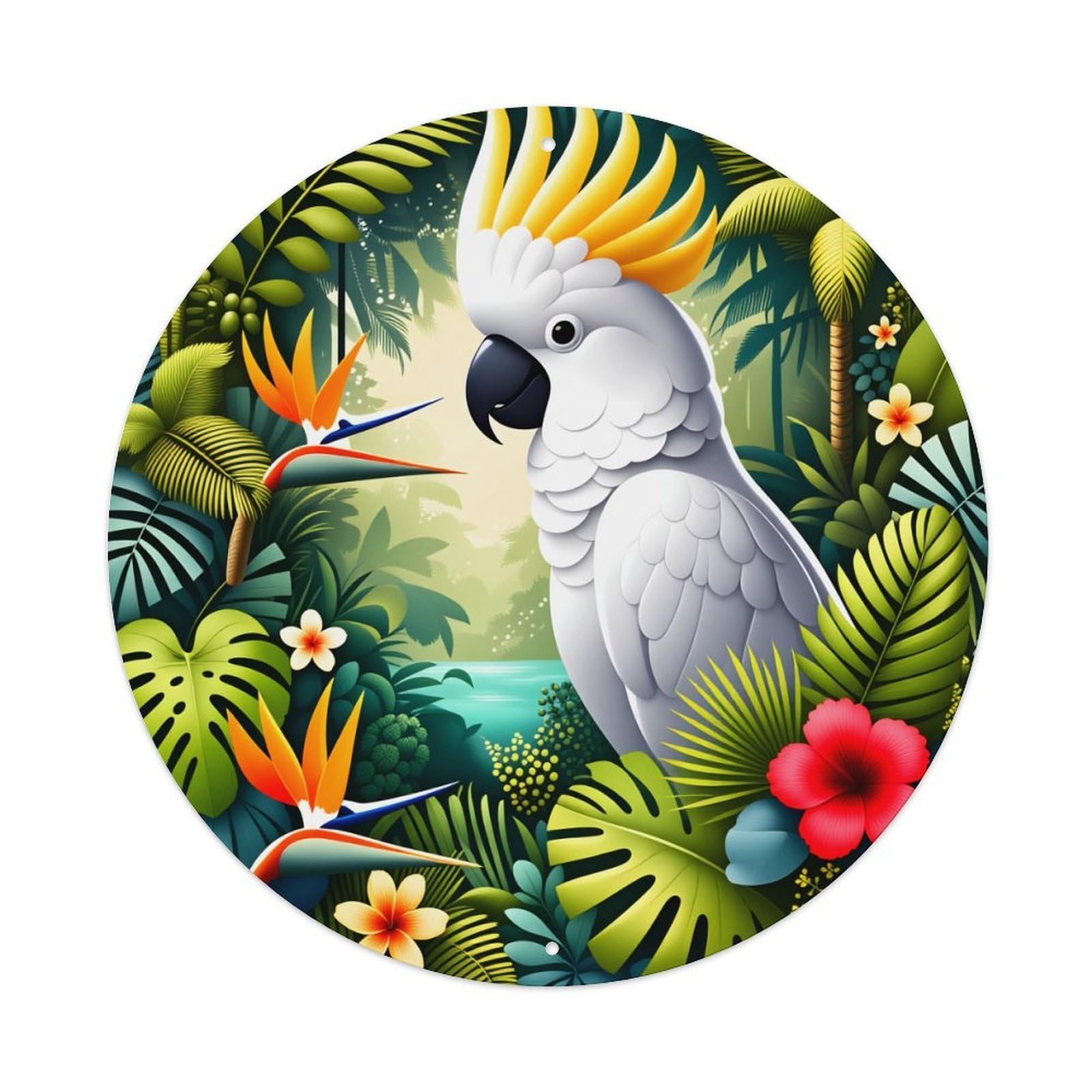 Tropical Parrot Jungle Flowers Leaves Round Tin Sign Vintage Metal Poster Retro Bar, Home, Man Cave, Kitchen, Laundry Room Wall Art Decor Gift 8x8Inch