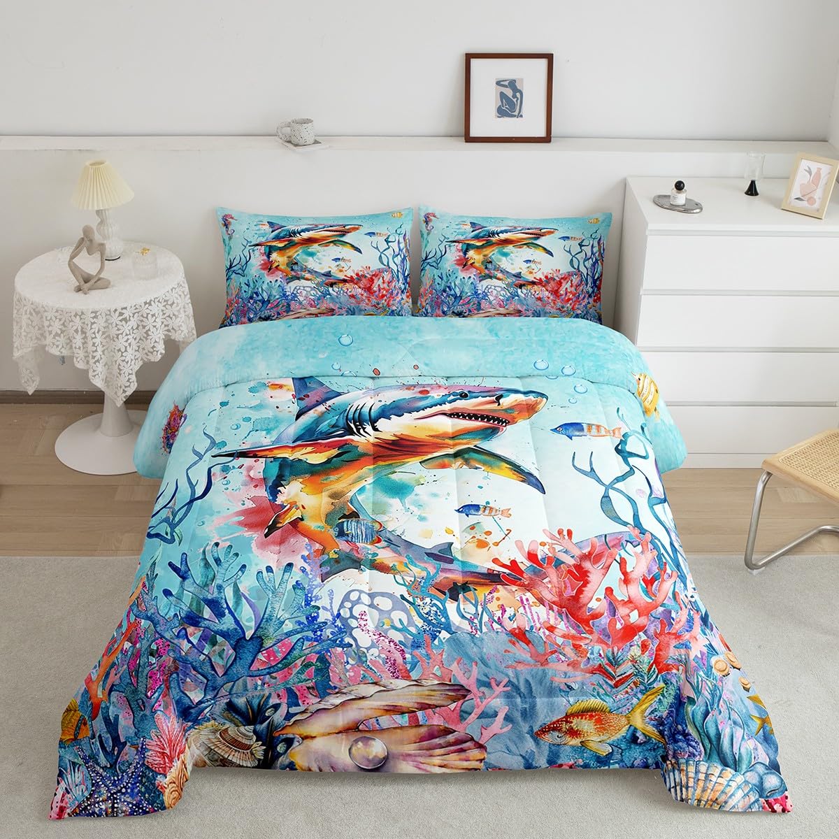 Edredón de tiburón Feelyou infantil de 2 piezas para cama individual azul