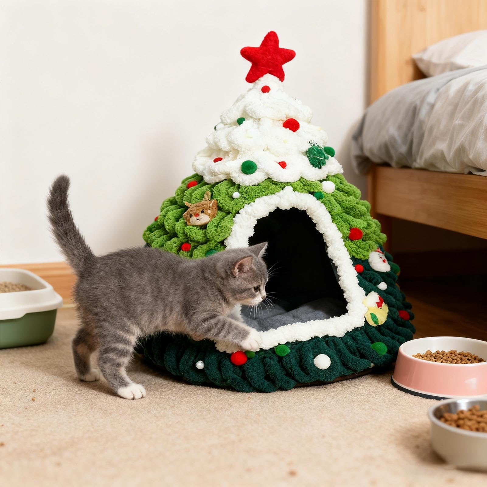 Katzenbett Höhle Gestrickt Weiches Tannenbaum Design Unterschlupf