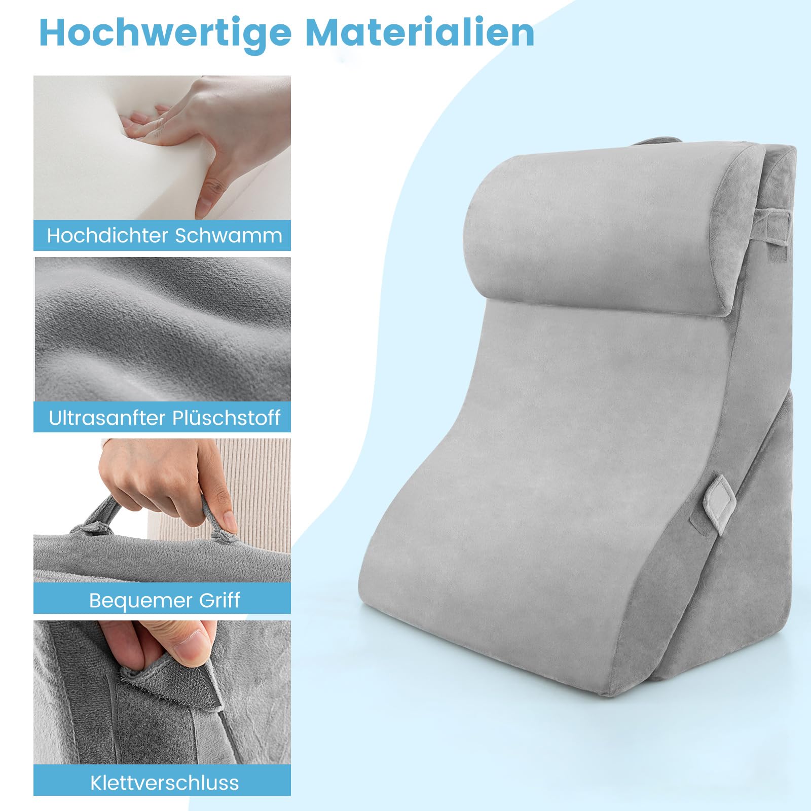 COSTWAY Lesekissen für Bett und Sofa, Venenkissen zum Beine hochlagern, 3-teiliges orthopädisches Keilkissen-Set nach Operationen gegen Schnarchen, Sodbrennen & Rückenschmerzen (Grau)