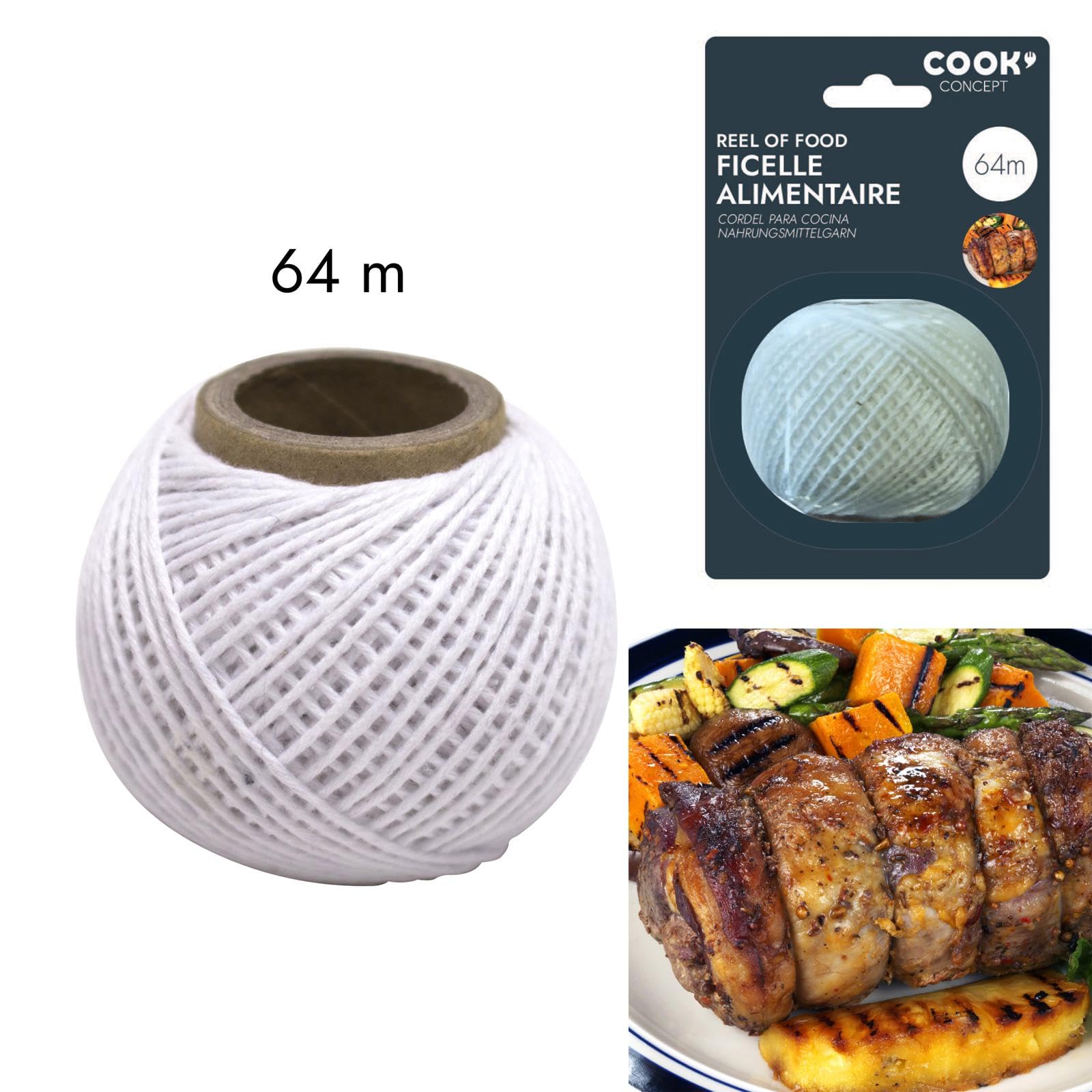 COOK CONCEPT - KU6203 Cuerda Alimentaria con Dispensador de Algodón, Longitud 64 m, Resistente y Fácil de Manipular, Diseñada para Cocina Casera, Tamaño 6 x 6 x 5 cm, Color Blanco