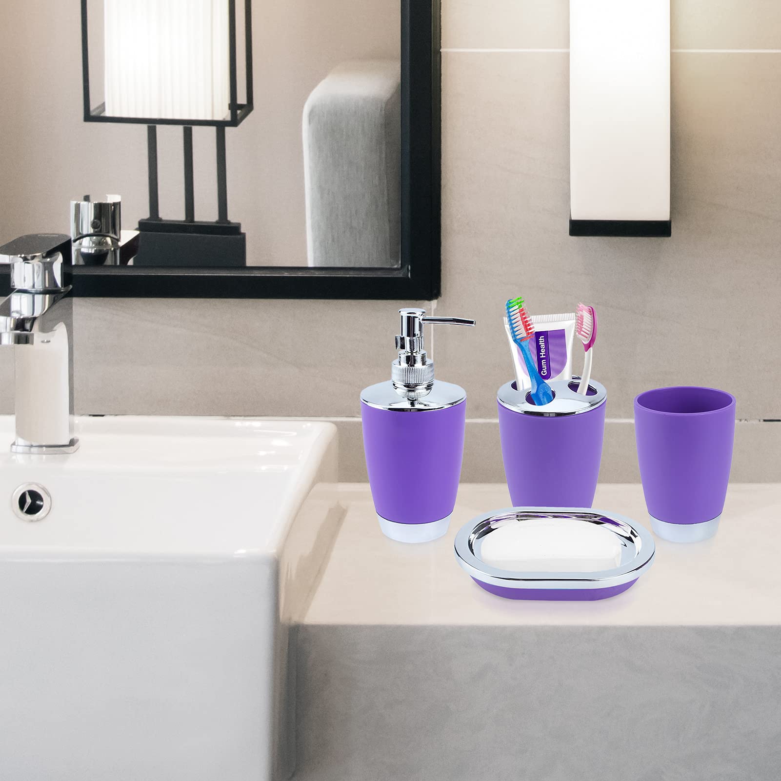 Badezimmer-Set 6-teilig mit Zahnputzbecher, Seifenspender, Becher, Ablage, Toilettenbürste, Lotionspender für Zuhause und Hotel