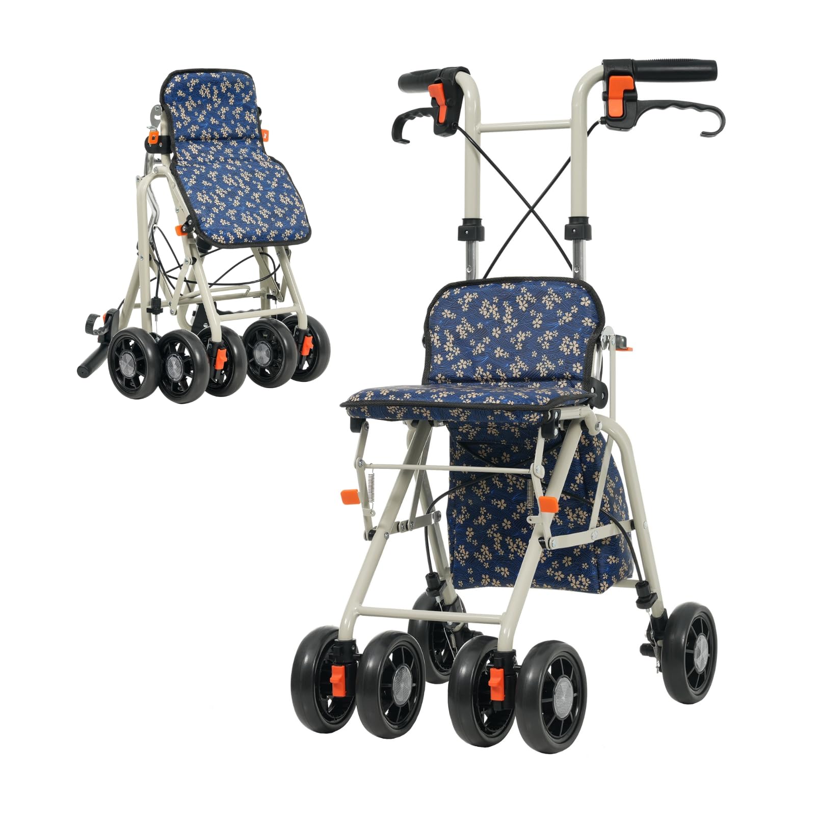シルバーカー ネイビー ドット柄 手押し車 座れる、小さく、大容量 Amazon | SOFTSEA シルバーカー ショッピングカー 折りたたみ 座れる