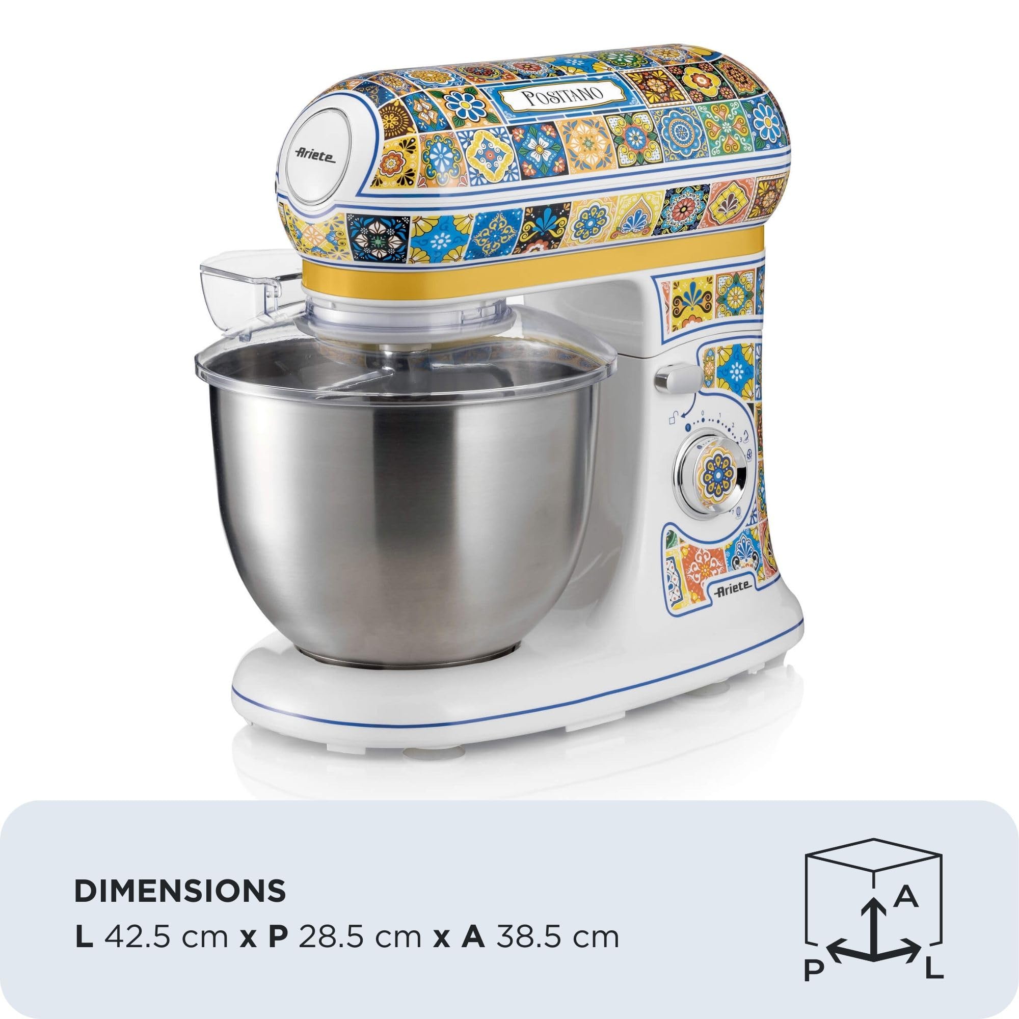 Ariete 1588 Robot Patissier Positano, 7 Vitesses, 3 Fouets pour les Pétrissages Doux et Durs, Couvercle Anti-Éclaboussures, Bol en Acier Inoxydable de 5,5 Litres, Design Méditerranéen, 2400 Watts