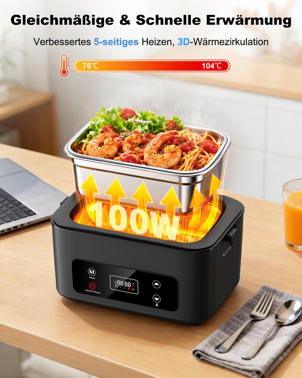 Elektrische Lunchbox, 100W Brotzeitbox Brotdose Groß 1.2L, 24000mAh Heatbox | Kabellos Tragbare Beheizbare Lunchbox Elektrisch Erwachsene mit Edelstahl Gabel Löffel für Büro Arbeit Auto Lkw Camping