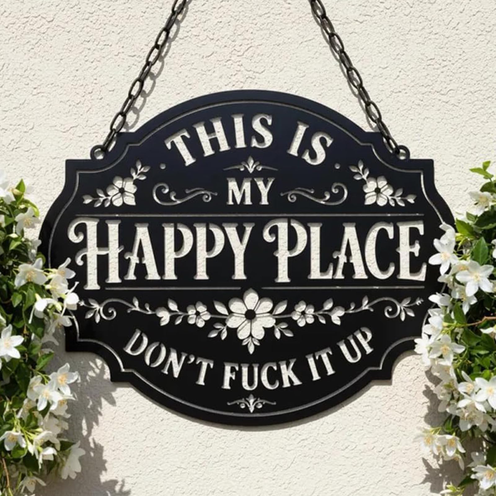 Targa da parete Sassy Happy Place, targa "Don't Fuck It Up". (#L) | Cartello da appendere floreale vintage This Is My Happy Place, cartello da parete in metallo Don't Fuck It Up