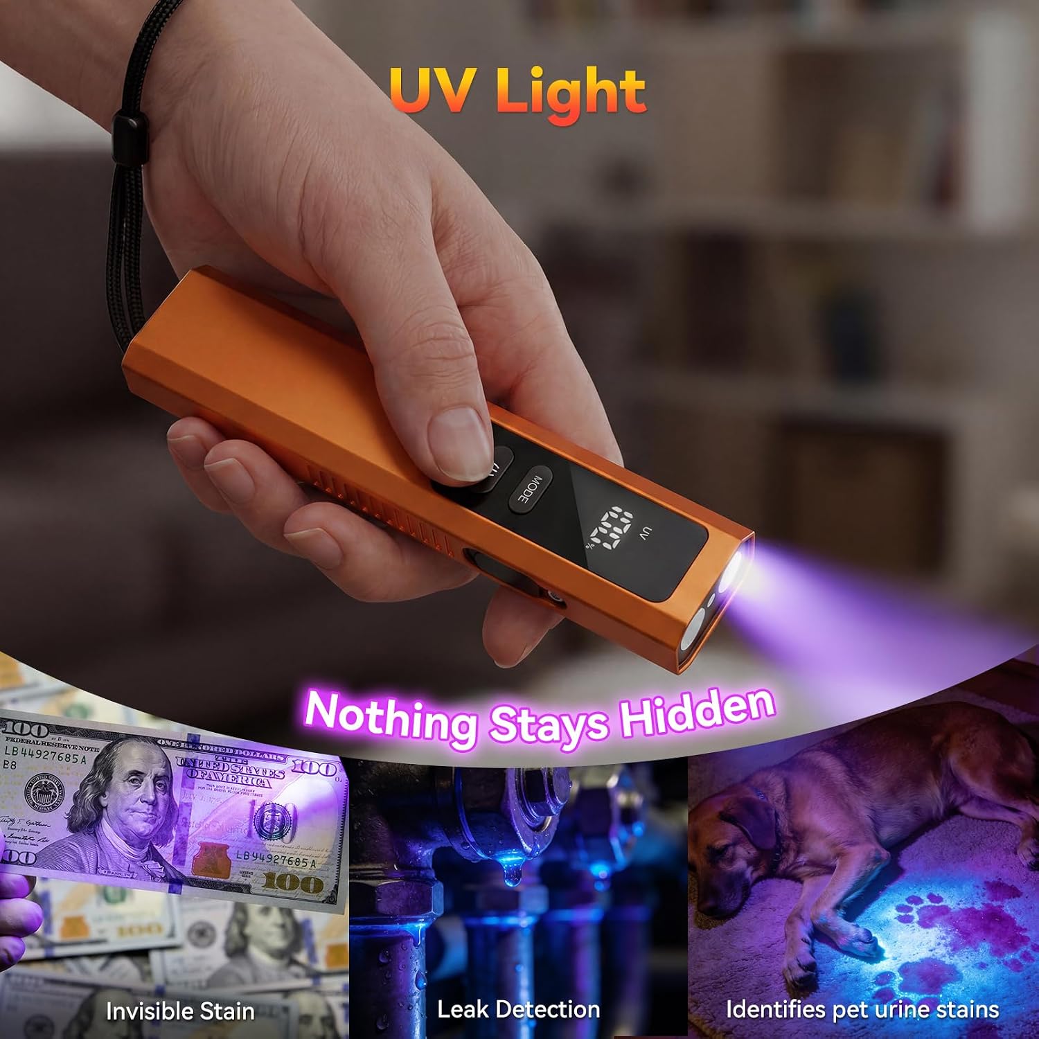 4-in-1 EDC Flat Flashlight, USB-C Rechargeable Magnetic Handheld Flashlights with UV Light & Green Laser Pointer & Red Strobe Combo, Waterproof Aluminum Alloy Pocket Clip Slim Flashlight- (Orange)