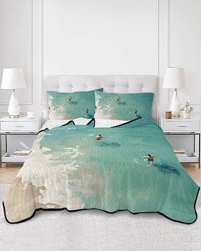 Twin XL Size Quilt Bedding Set, Summer Ocean Lightweight Soft Quilts Comforter, Beach Coastal Nautical Blue Seaside Waves Quilted Bedspread with 2 Pillow Covers for All Season 68" x 98"