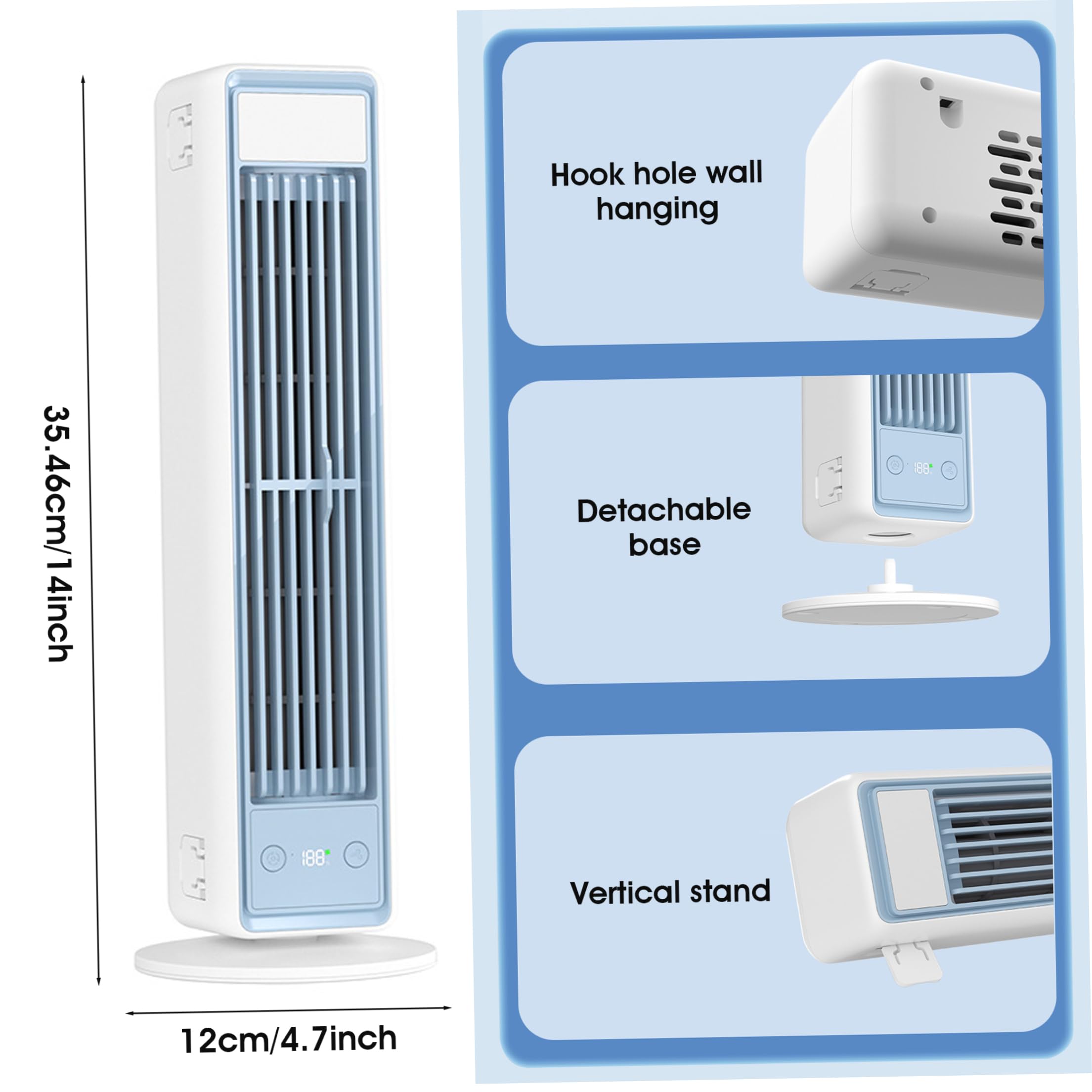 Aire acondicionado portátil pequeño: torre sin aspas con ventilador de CA de 3600 mah con control remoto, soporte/escritorio/montaje en pared 3 en 1, funcionamiento silencioso, 5 velocidades para
