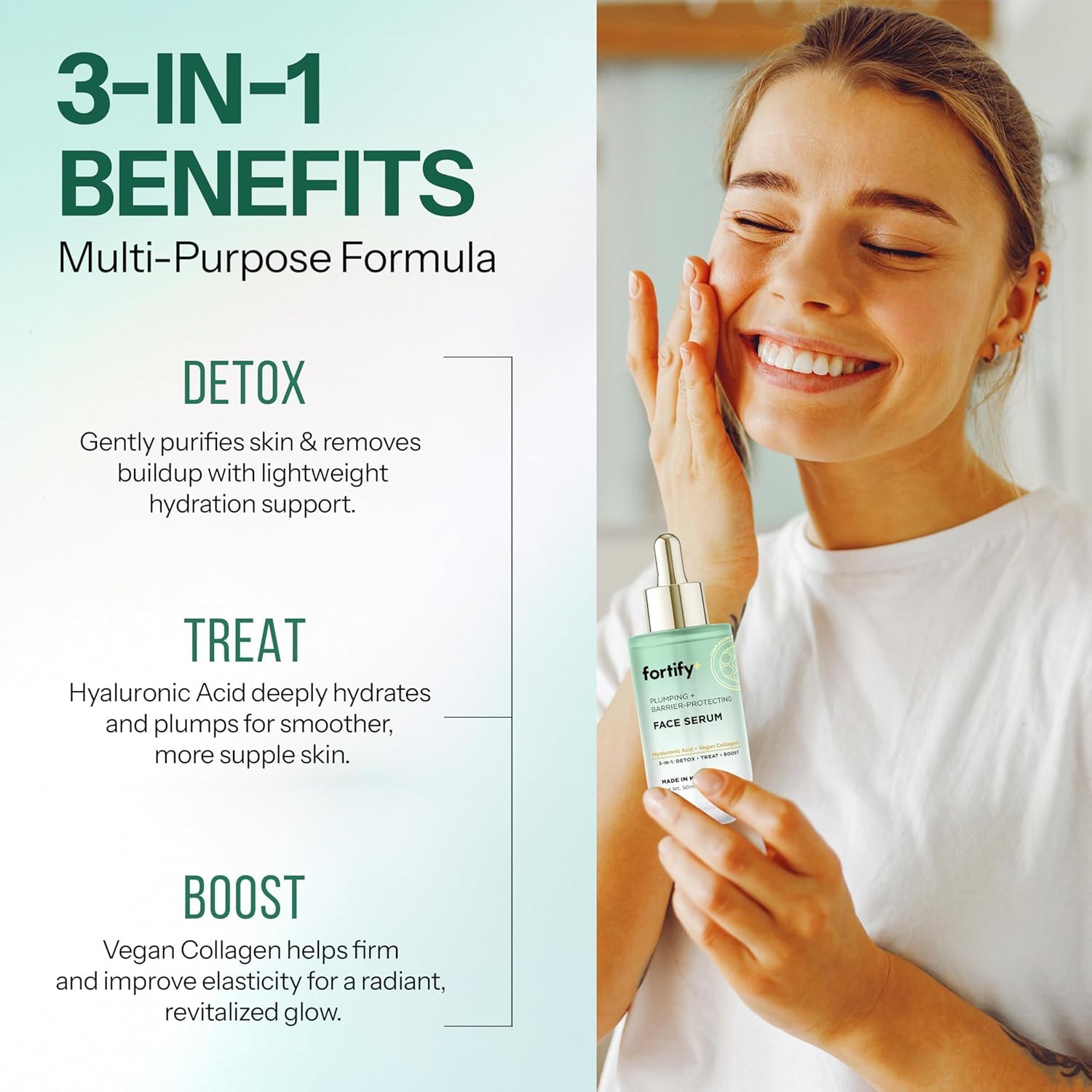 Fortify Skincare Hyaluronic Acid Serum for Face with Collagen – 3-in-1: Detox, Treat, Boost – Hydrating, Firming, Anti-Aging Serum – Dermatologist Tested Korean Skin Care – Clean Beauty – 2 Pack