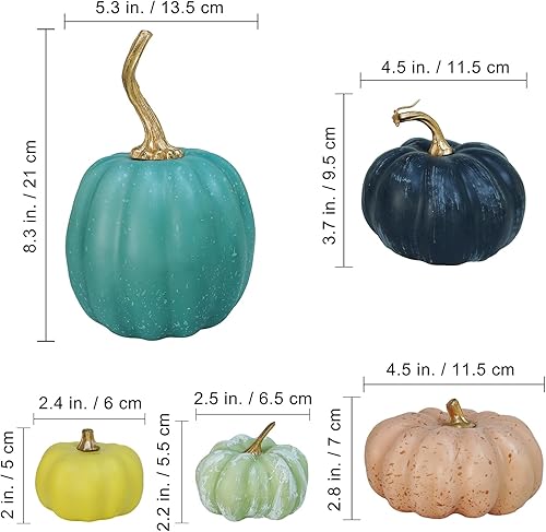 Miniatura 2 de Winlyn Calabazas artificiales de cosecha rústica, 18 unidades, calabazas decorativas de espuma sintética en azul, verde, verde azulado para otoño,