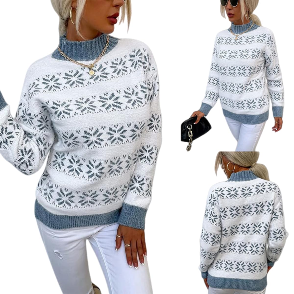 Womens Christmas Snowflake Turtleneck Sweater Winter Knitted Pullover