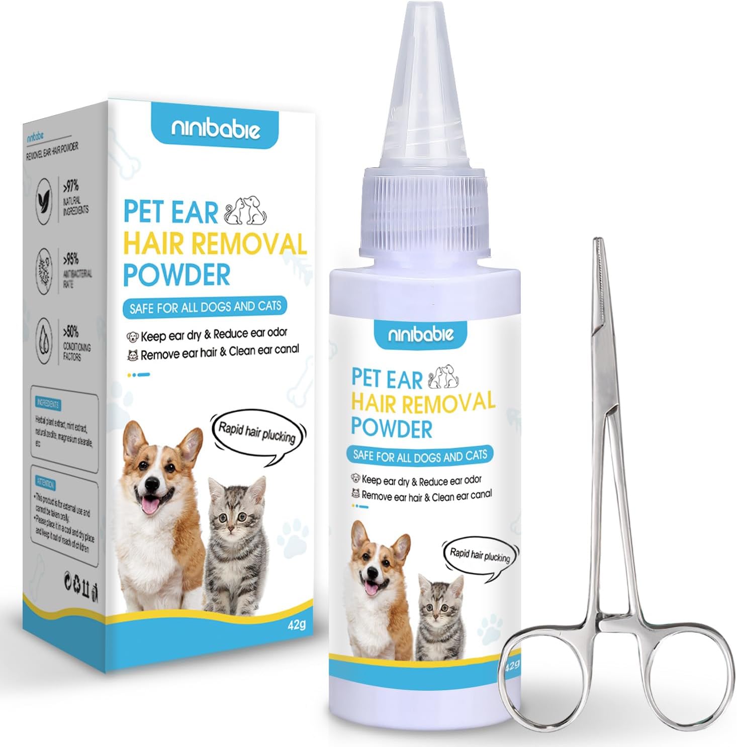 Dog Ear Powder for Hair Removal Kit – 42g Ear Powder for Dogs with 4.8" Straight Grooming Tweezers, Helps Remove Excess Ear Hair & Reduce Odor for Poodles, Schnauzers & Other Breeds