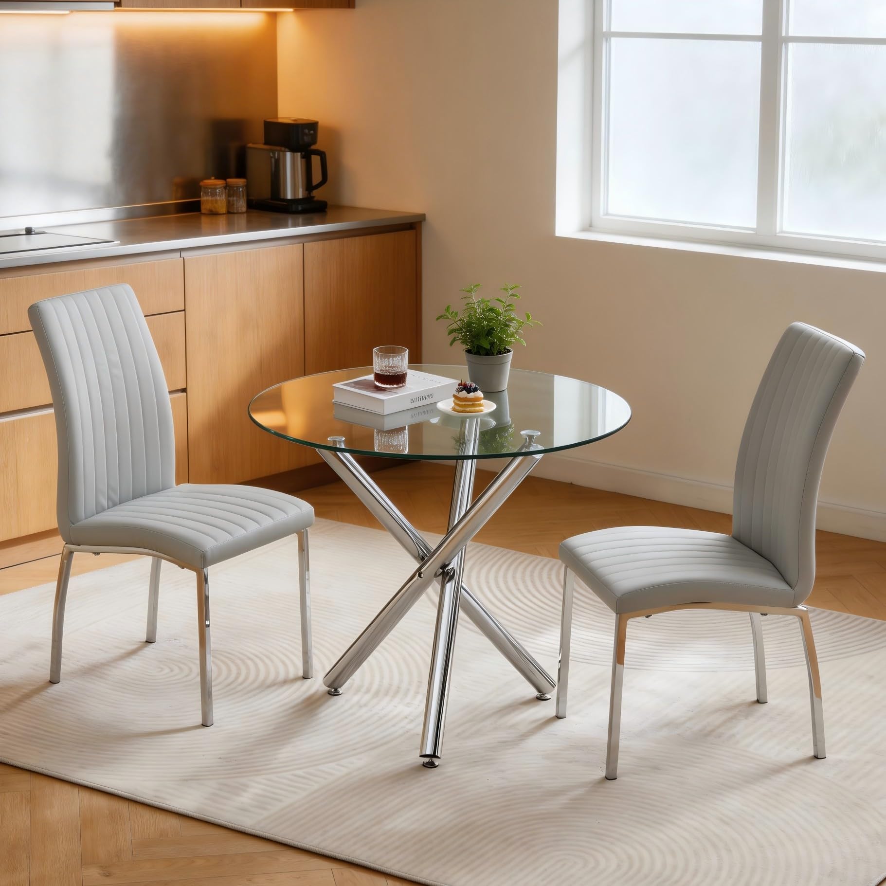 Homullel Round Dining Table and Chairs Set 2 Seater Kitchen Dining Set, 3 Pieces Table & Chairs Dinner Table Set for 2 (90cm Glass Table, 2 Seats, Grey Pu Chromed)