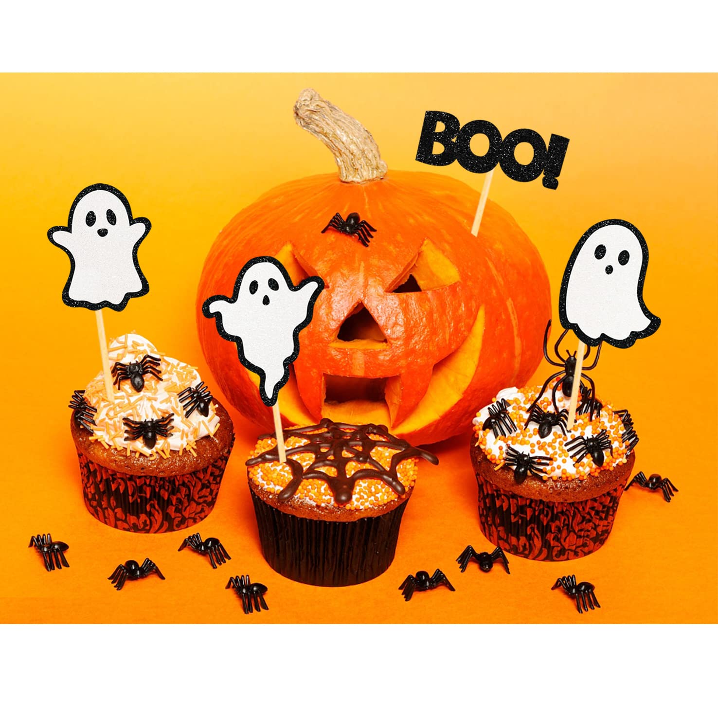 24 Pack Glitter Halloween Ghost Cupcake Toppers - Baby Shower Decor Gender Reveal Decorations (Black)