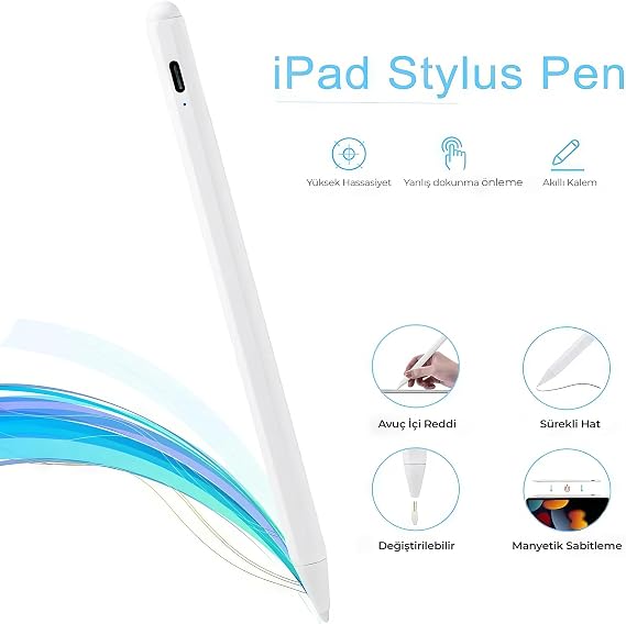 iPad Kalem – Apple Pencil Alternatifi iPad Pencil | USB-C Hızlı Şarj, Palm Rejection, 8 Saat Pil | iPad 6-10, Air, Pro, Mini Uyumlu, 2 Yedek Uç