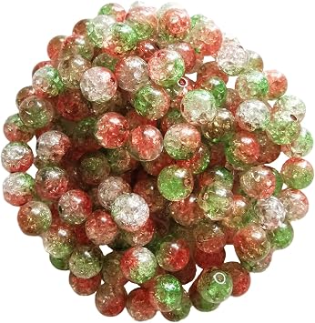Xeahung 200PCS Acrylic Crystal Beads Round Crackle Glass Beads Charms for Jewelry Making Bracelets Earring Necklace Adults Beading DIY Art Craft Projects Christmas Birthday Gifts 8mm, Red & Green