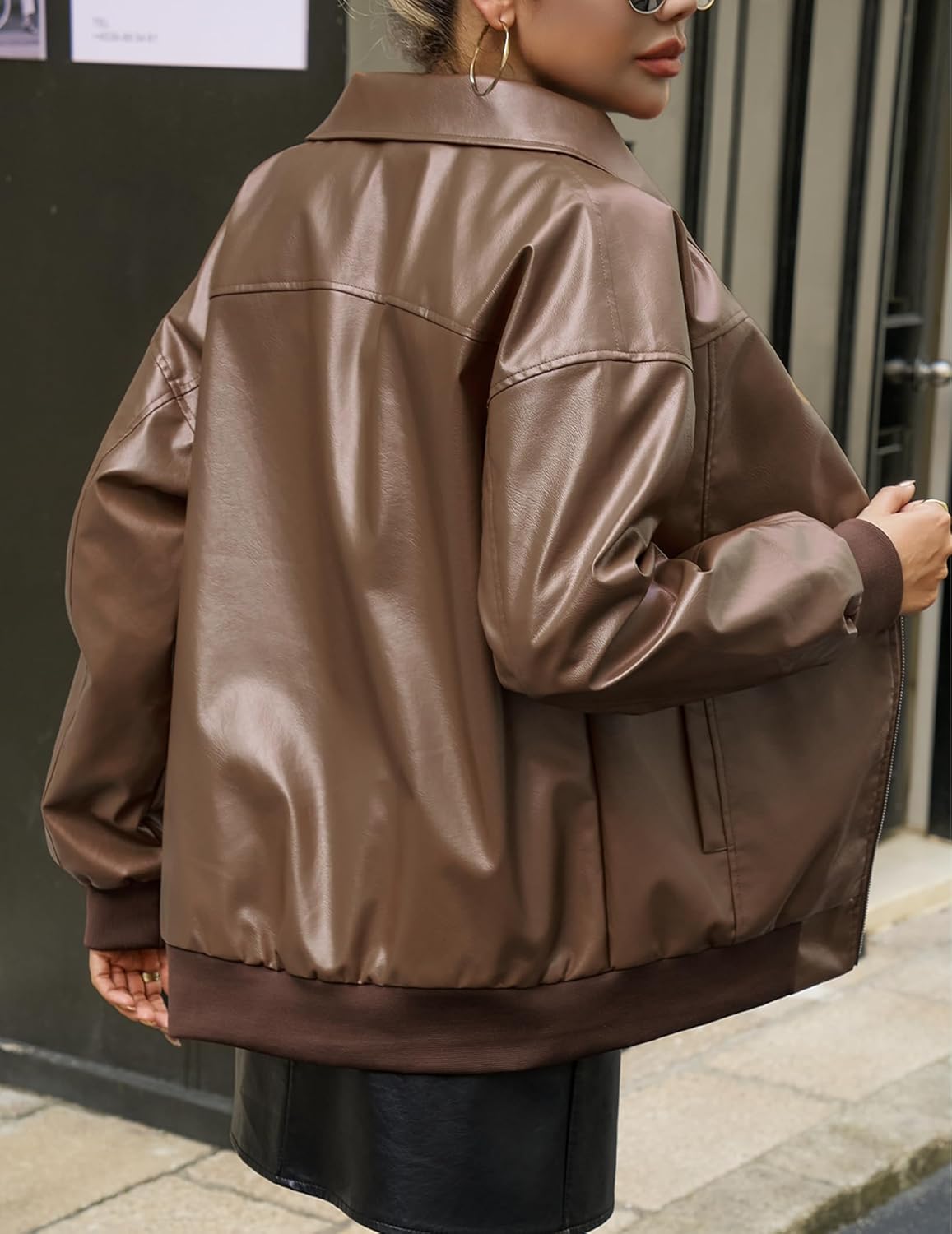 Women's Faux Oversized Leather Jacket Zip Up Motorcycle Bomber Spring Jackets 2026 Vintage Y2K Tops Winter Coats - Image 2