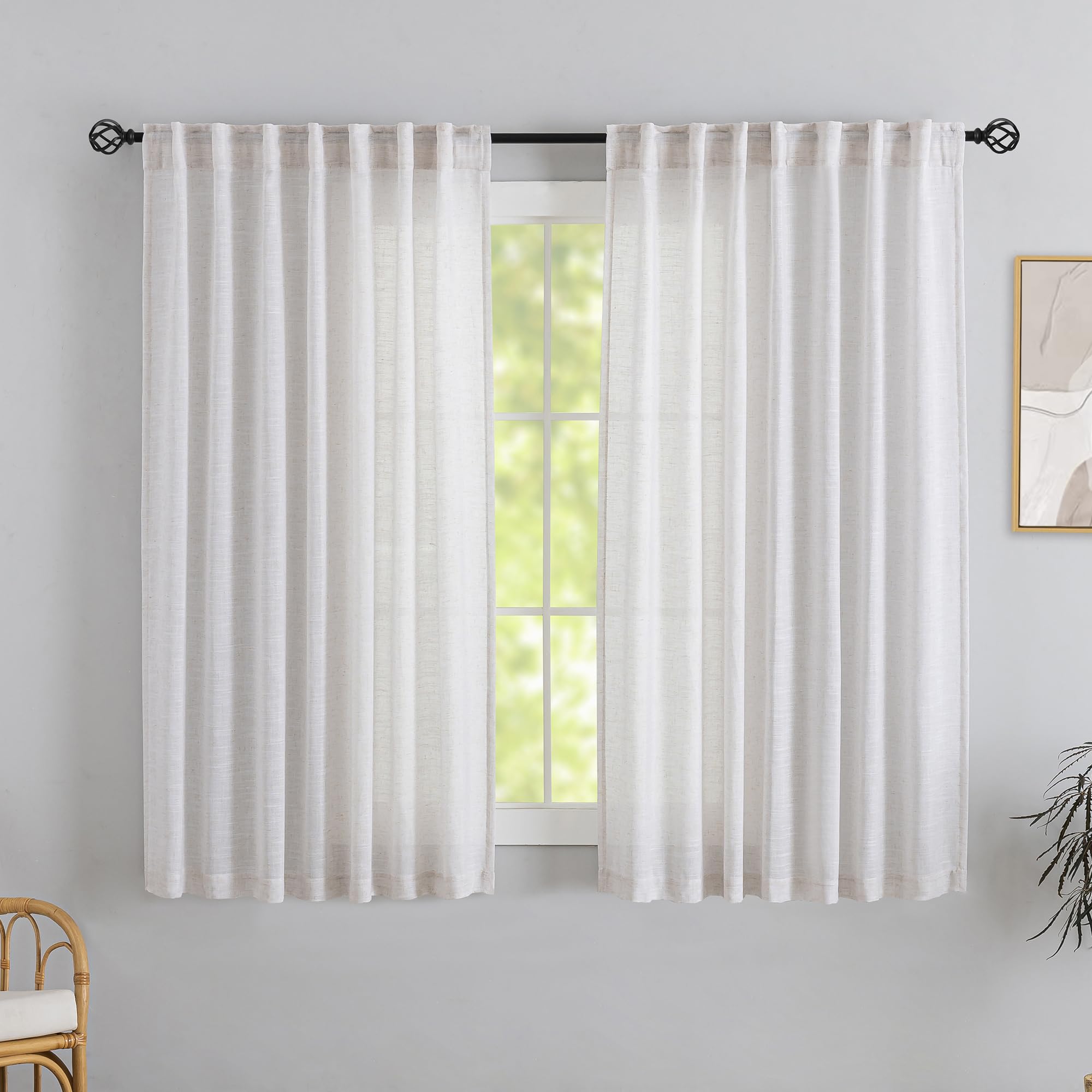 Off White Back Tab Curtains 64 Inches Long 2 Panels for Sitting Room -Modern Cottagecore Pocket Semi Sheer Privacy Drapes Hooks Belt Pleated Light