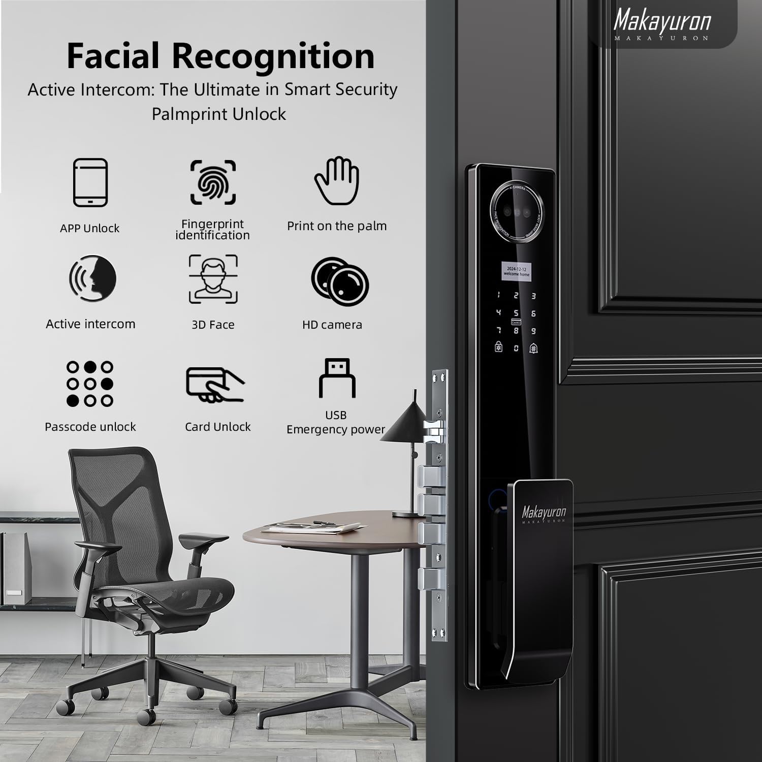 Makayuron D1ProUltra Smart Door Lock installed on a wooden door, showing various unlock icons