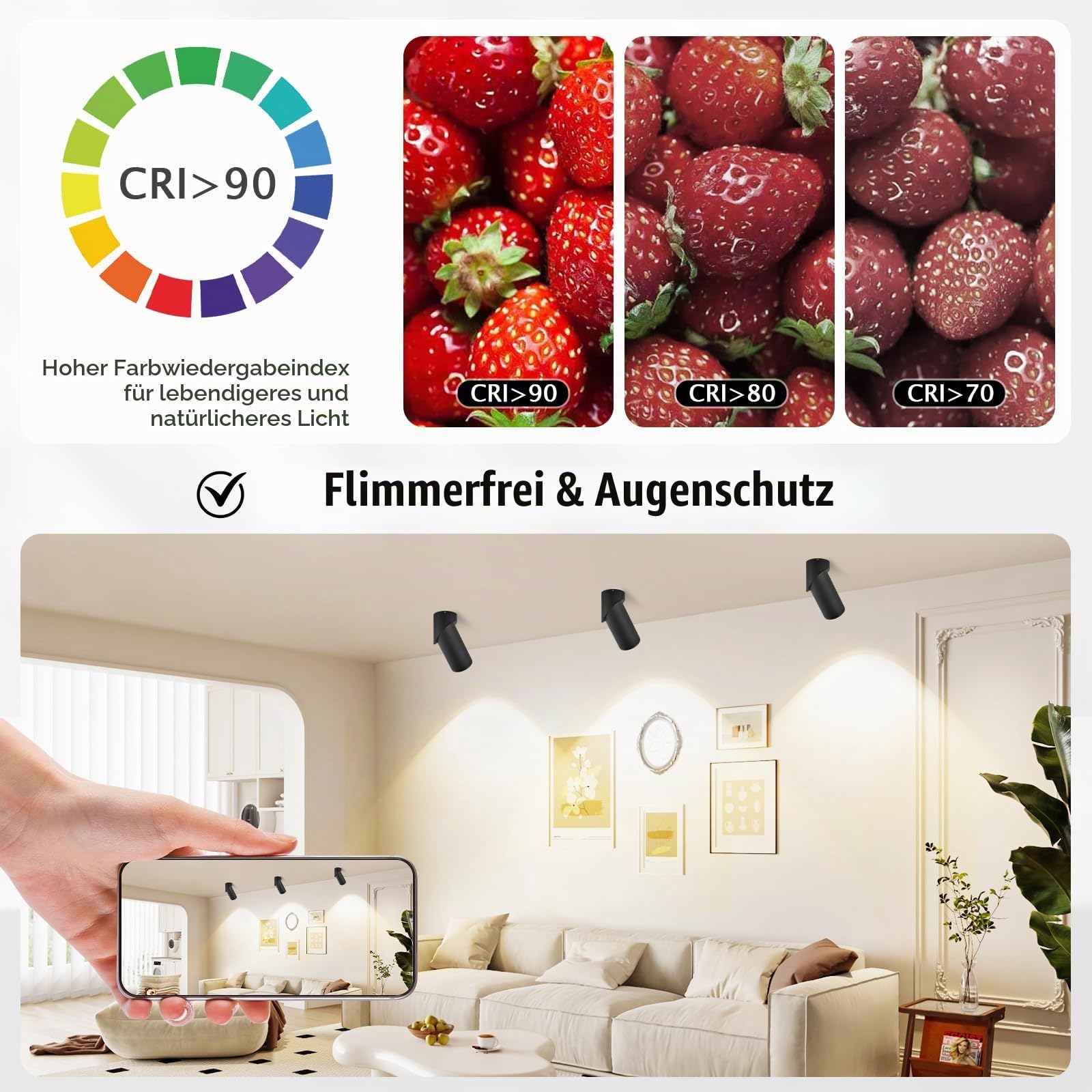 YindaLux 2er Set LED Aufbauspot Dimmbar, Schwenkbar Deckenspots Schwarz, Aufbaustrahler inkl. 5W 500LM LED Modul 230V, 3000K/4000K/6500K Aufbauleuchte Verstellbare Aufputz Spots für Wand & Decke